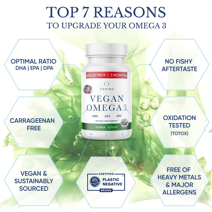 TAHIRO Vegan Omega-3 Softgels - Plant-Based Supplement with DPA, DHA & EPA - Nutrients for Men, Women and Pregnant Women - Supports Brain Health - Prenatal & Joint Supplements, 1000mg