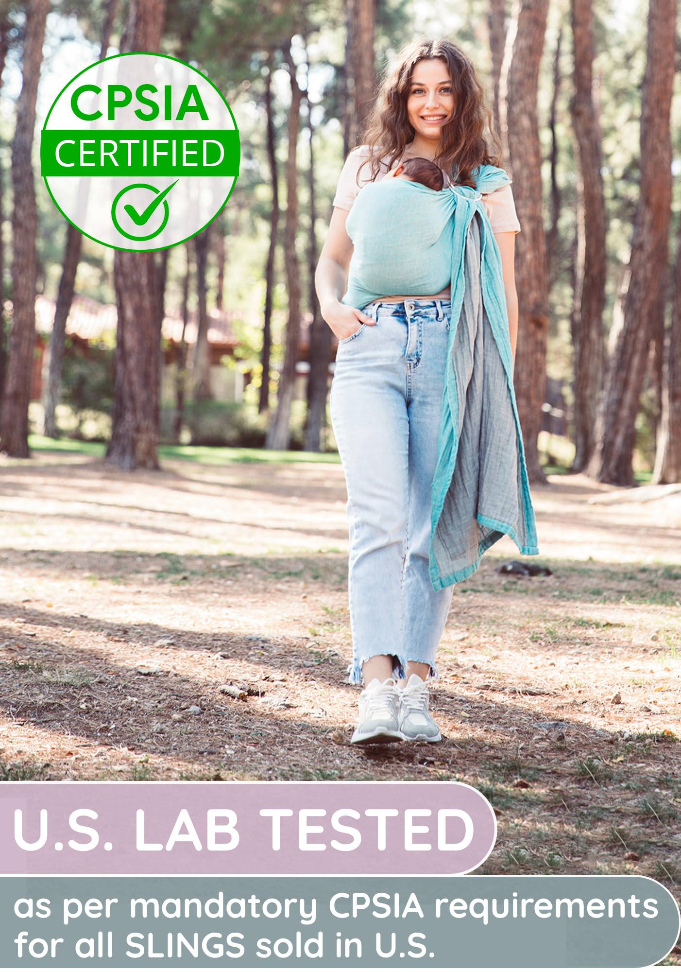 Ring Sling Baby Carrier 100% Cotton Muslin Front and Chest Newborn to Toddler Carrier and Baby Sling (Grey Turquoise)