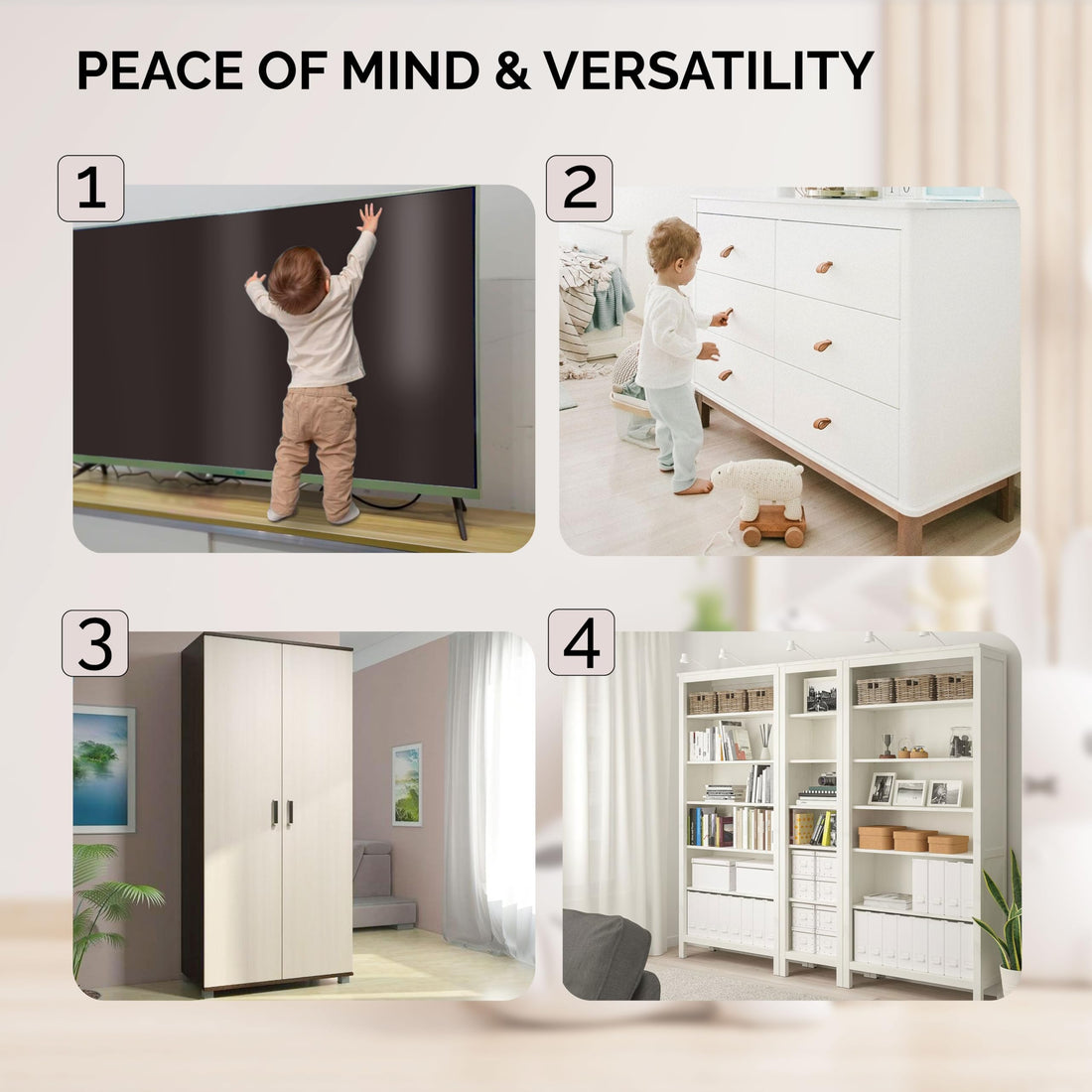 Family Care TV Safety Straps 4 Pack+Gift - Metal Furniture Straps for Baby Proofing - TV Straps Safety for Flat Screen - Earthquake Straps for Bookcases - Furniture Anchors Anti Tip Kit