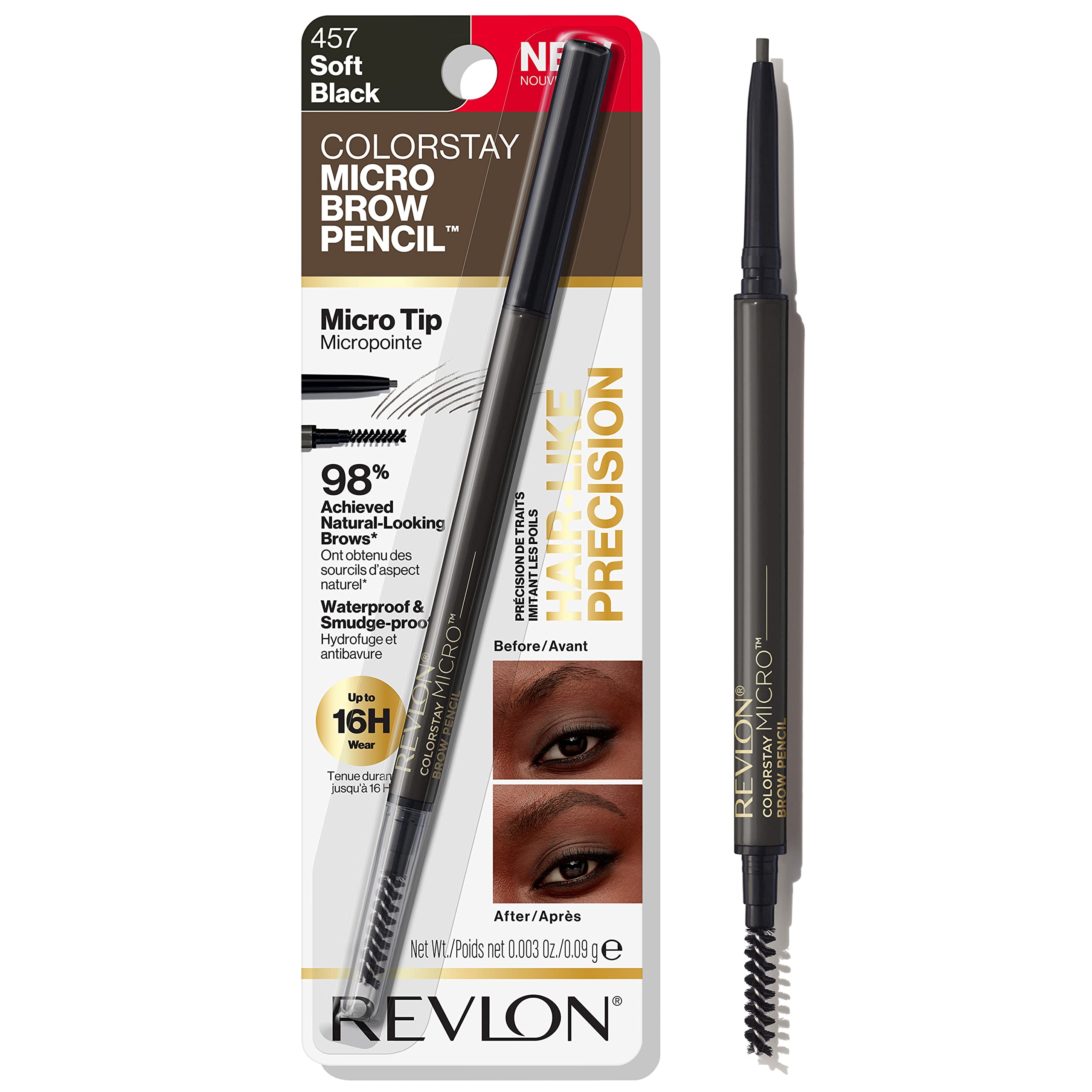 Revlon ColorStay Micro Eyebrow Pencil with Built In Spoolie Brush, Infused with Argan and Marula Oil, Waterproof, Smudgeproof, 457 Soft Black, 0.003 oz