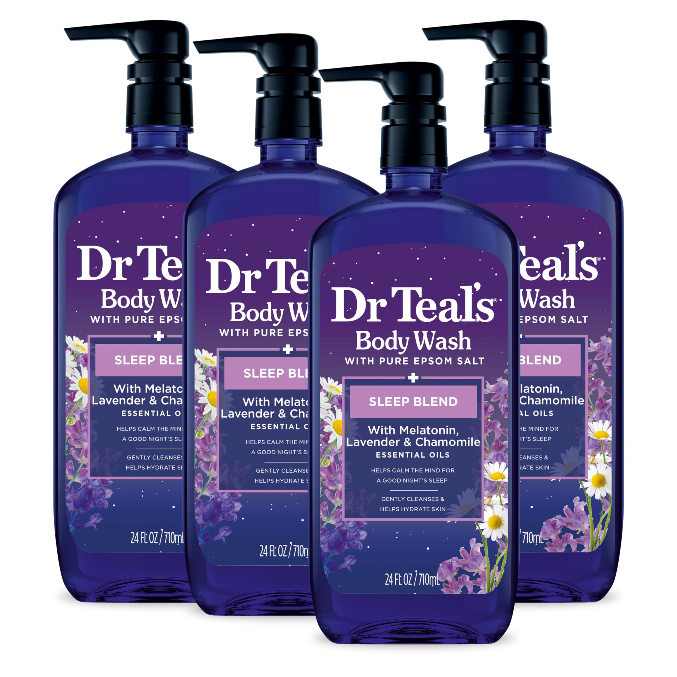 Dr Teal's Body Wash with Pure Epsom Salt, Sleep Blend with Melatonin, Lavender & Chamomile Essential Oils, 24 fl oz (Pack of 4)