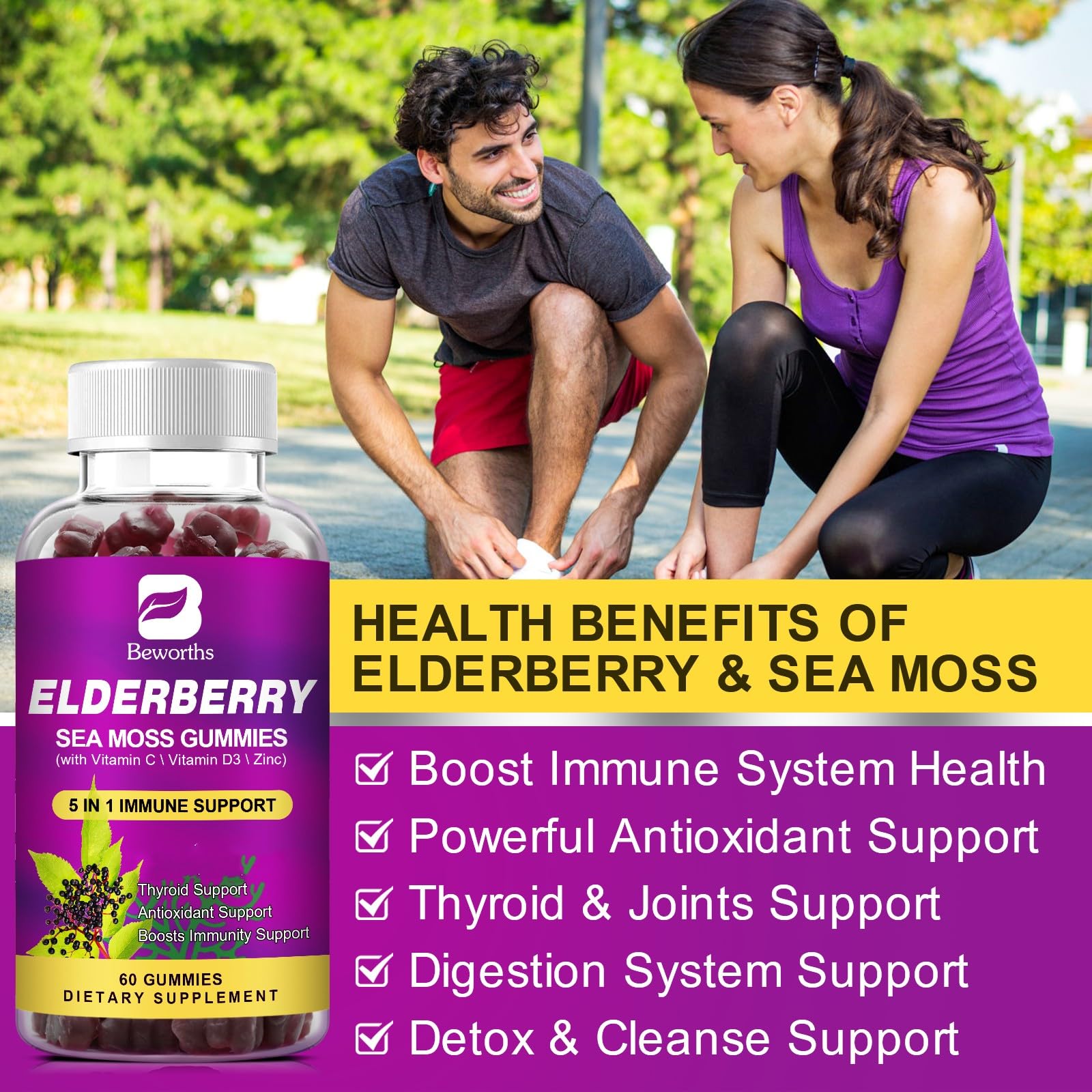 B BEWORTHS Elderberry Gummies & Irish Sea Moss, Organic Sambucus Elderberry Gummy with Seamoss, Zinc, Vitamin C, D3, Multivitamin Elderberry Vitamin & Energy Support Supplements - Sugar-Free