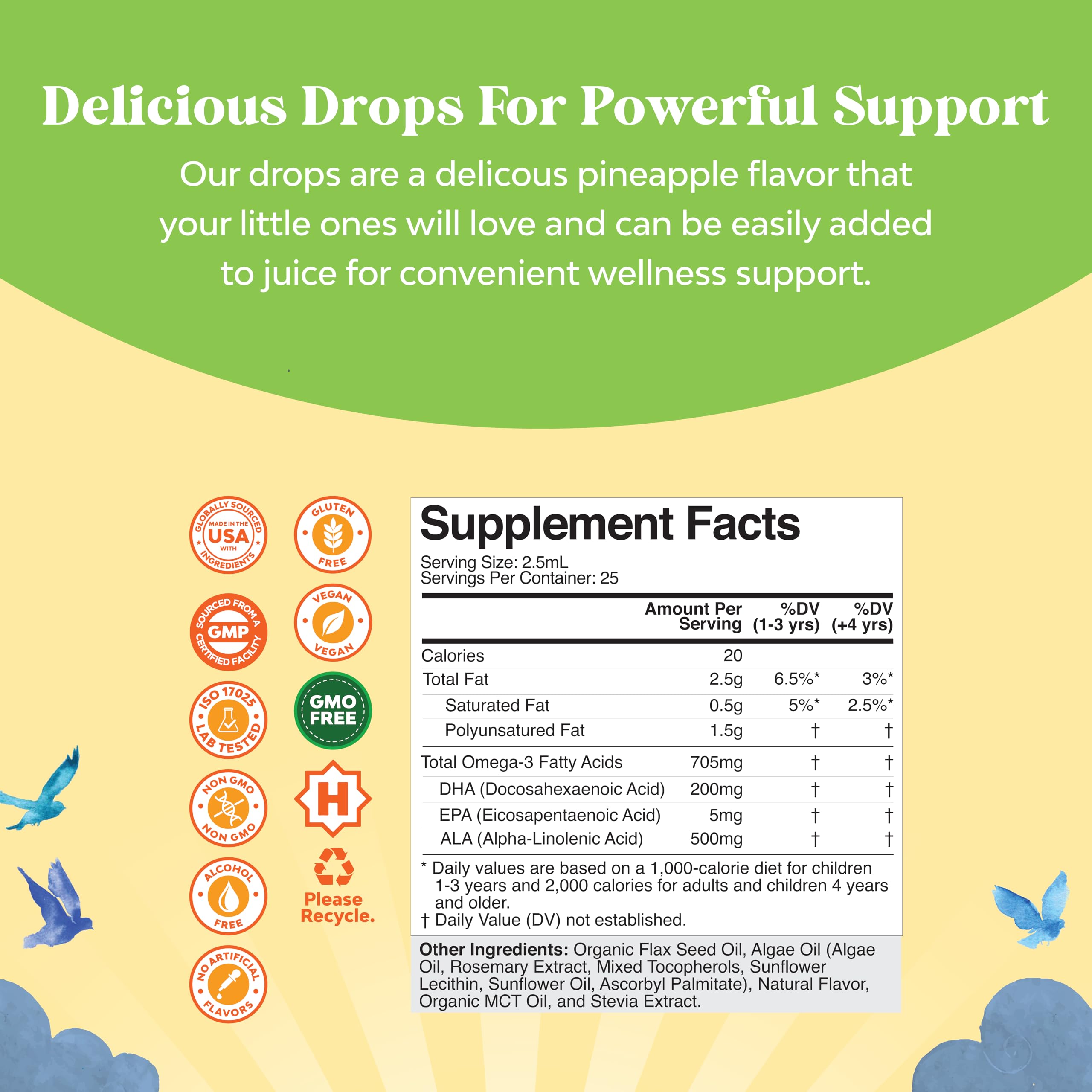 Kids DHA Omega 3 Drops - Fatty Acids Omega 3 6 9 for Brain, Immunity & Vision - Nutritional DHA for Kids for Healthy Nervous System & Focus Support - Vegan Liquid Supplement with EPA & ALA - 2 Fl Oz