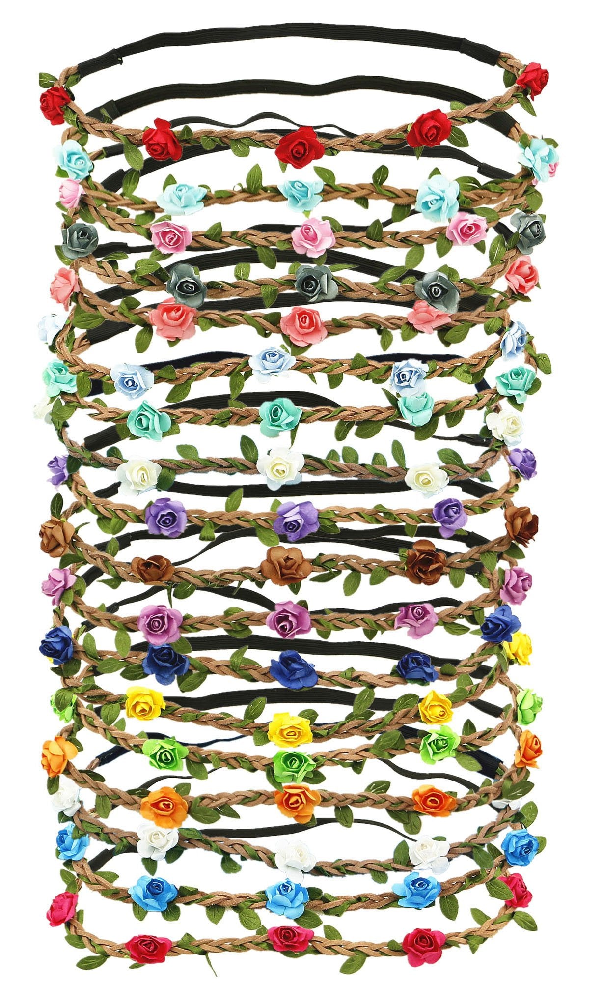 HOPEANT 18 Pieces Multicolor Flower Headband Women Girl Bohemian Flower Crown Garland Headbands with Elastic Ribbon