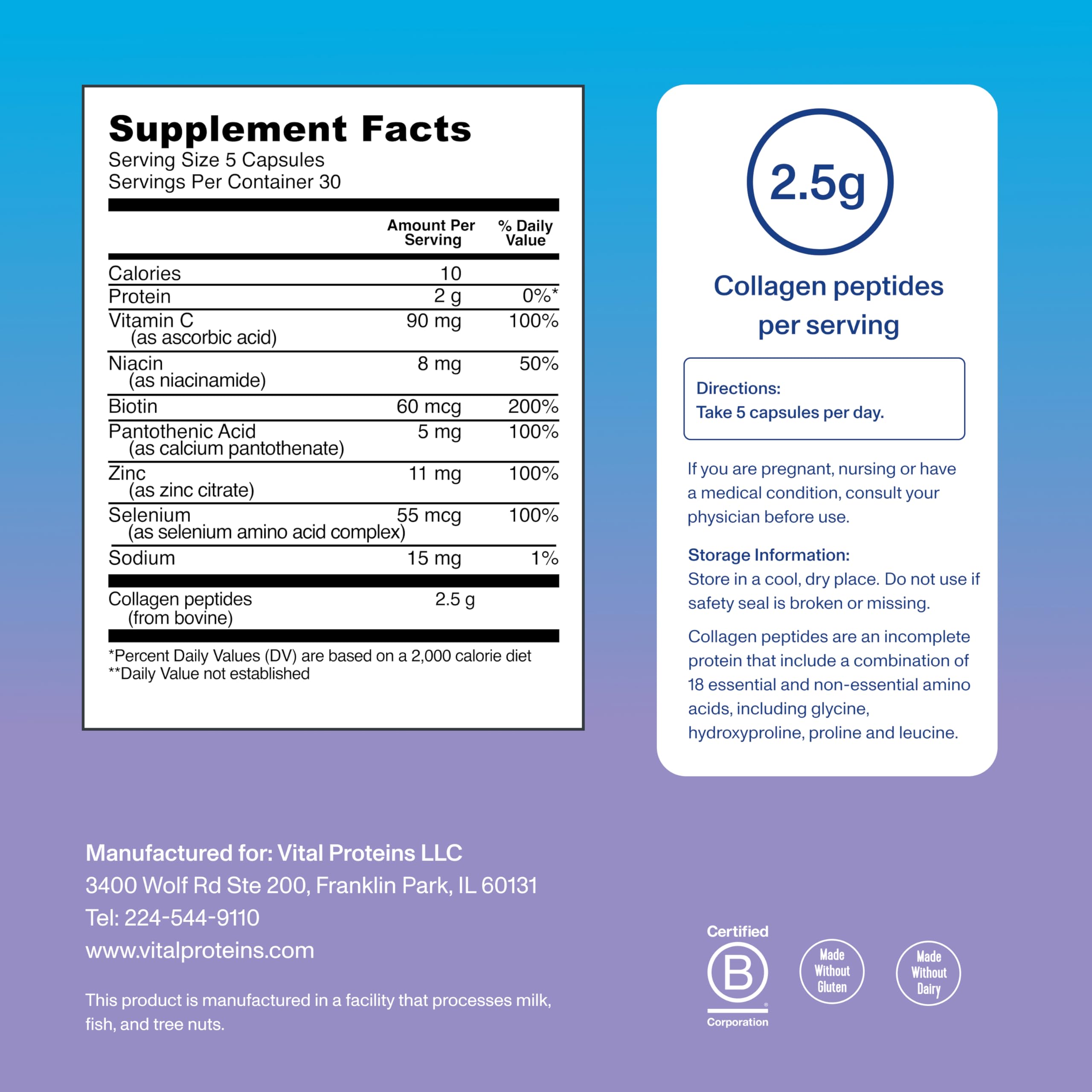 Vital Proteins Collagen Peptides Beauty Edition Capsules, 2.5g of Collagen Per Serving with Biotin and Vitamin C, 30 Servings