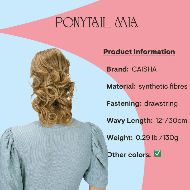 PRTTYSHOP Hair Piece Pony Tail Extension Draw String Voluminous Curly Heat-Resisting 14 light brown mix # 6T27 PH212