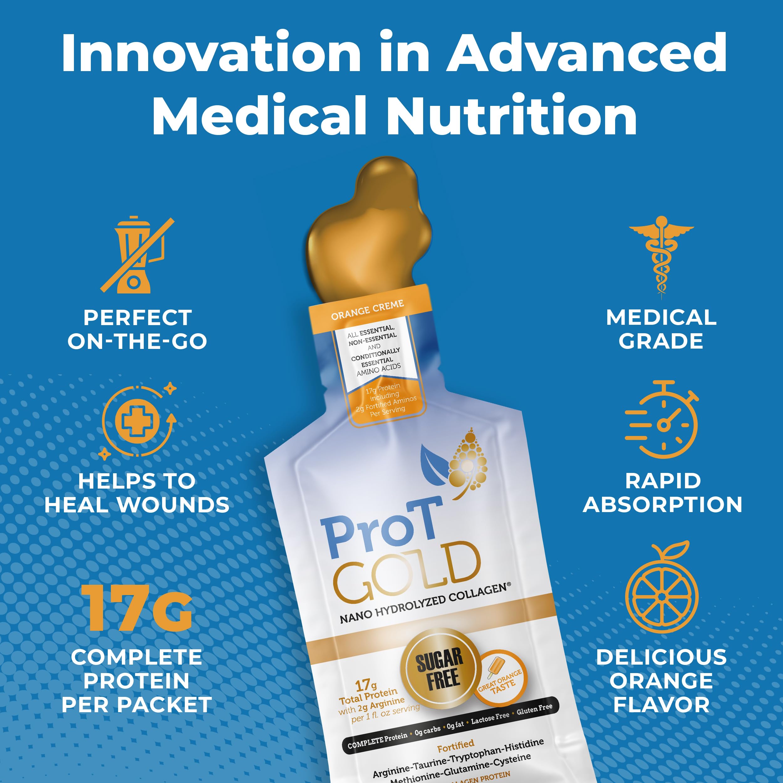 ProT Gold Liquid Collagen Protein Shot, 17g Clear Protein Nano-Hydrolyzed Grass Fed Collagen, 2g Arginine for Wound Support, Gluten Free, Sugar Free, 0g Carbs, Orange Creme, 1 fl oz, 24 Pack