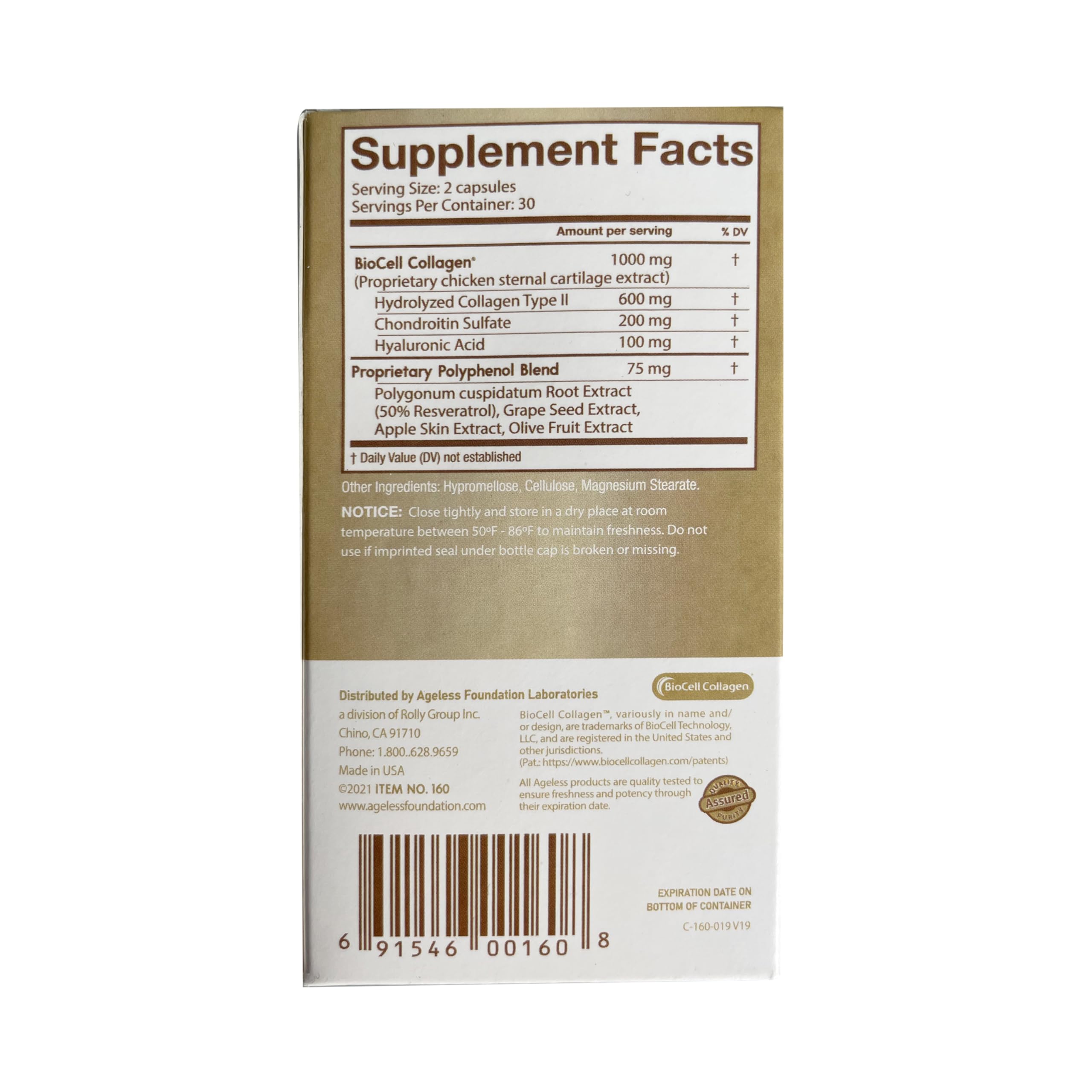 Ageless UltraDERM Gold - Natural Collagen Booster with BioCell Collagen - 60 Count