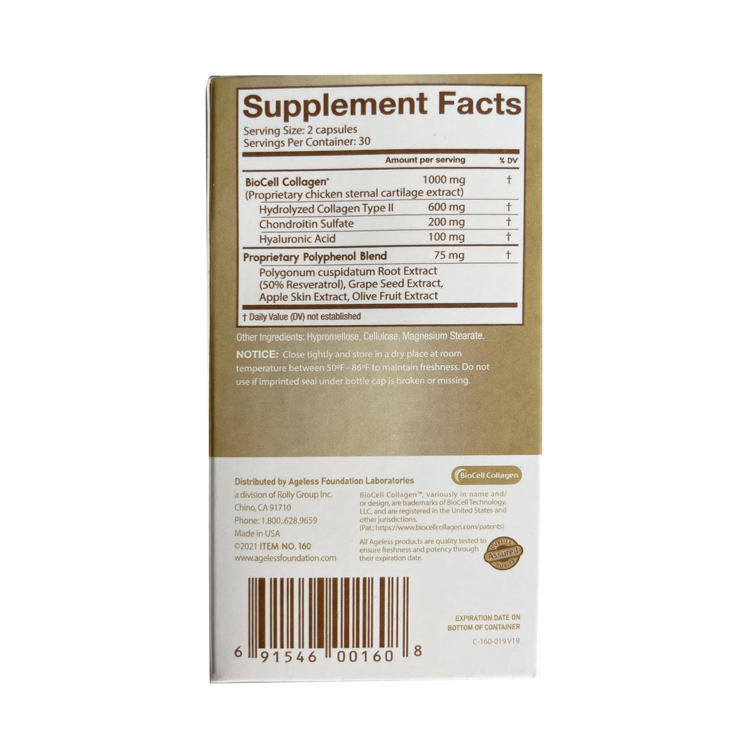 Ageless UltraDERM Gold - Natural Collagen Booster with BioCell Collagen - 60 Count