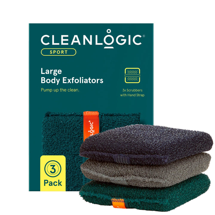 Cleanlogic Sport Exfoliating Body Scrubber, Large Exfoliator Tool for Athletes, Daily Skincare Routine for Smooth Clean Skin, Assorted Colors, 3 Count Value Pack