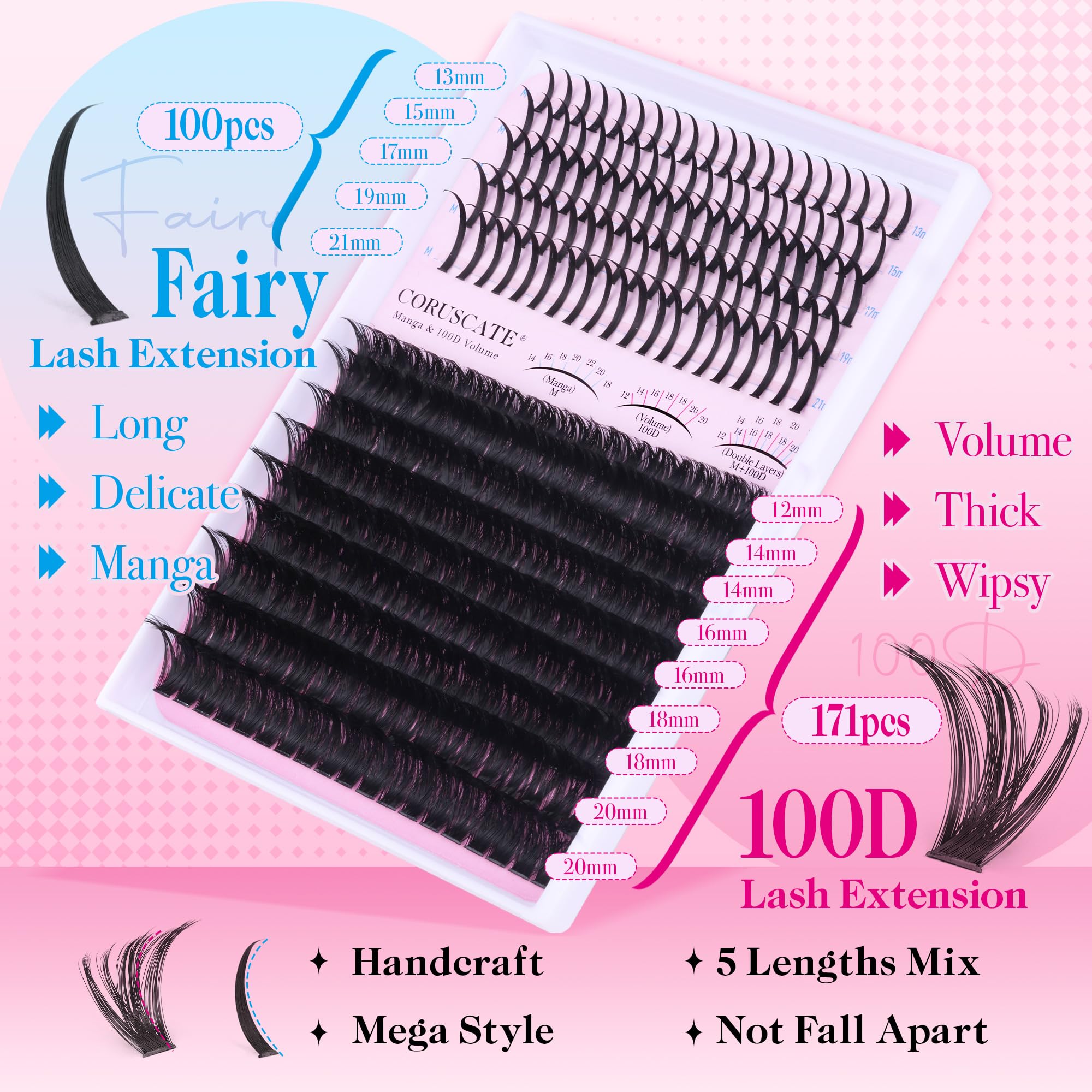 Lash Clusters 100D Long 12-20mm Lash Spikes Eyelash Clusters Volume Individual Lashes DIY Spiky Lash Extension Mega Cluster Eyelash Extensions Mink Strips Lashes Thick by CORUSCATE