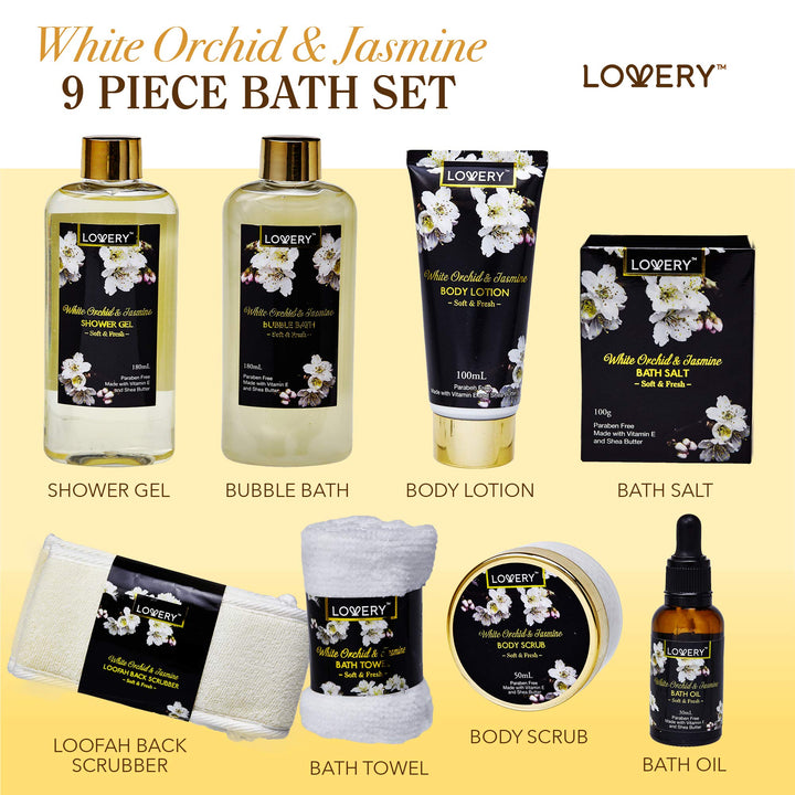 Bath and Body Gift Basket for Women and Men â‚¬â€œ Orchid and Jasmine Home Spa Set With Body Scrubs, Oils, Gels and More - 9 Piece Set