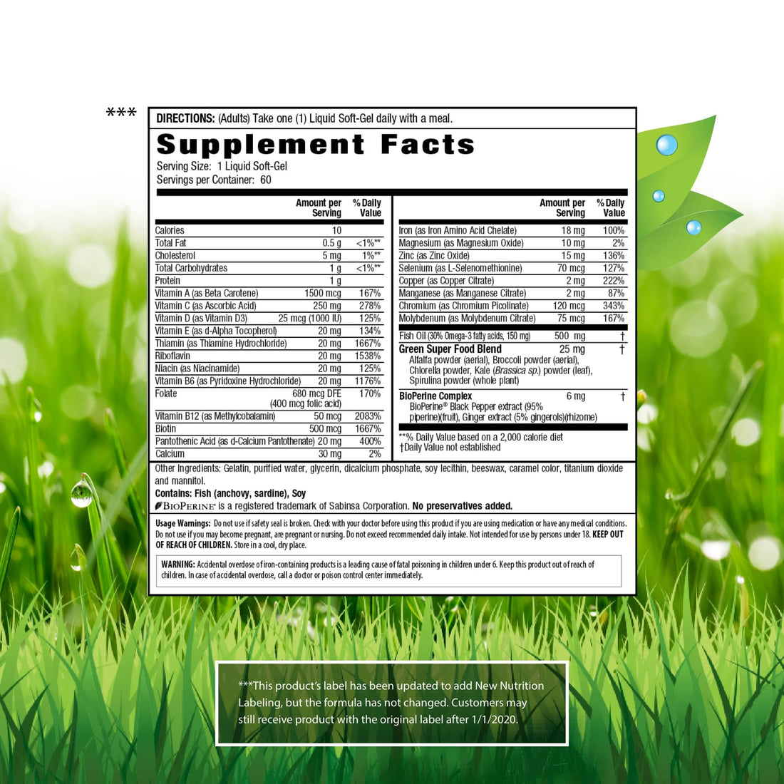 Irwin Naturals Only One Liquid-Gel Multi with Iron - 60 Liquid Softgels - Daily Essential Vitamins, Minerals, Antioxidants, Omega-3s & Green Super Foods