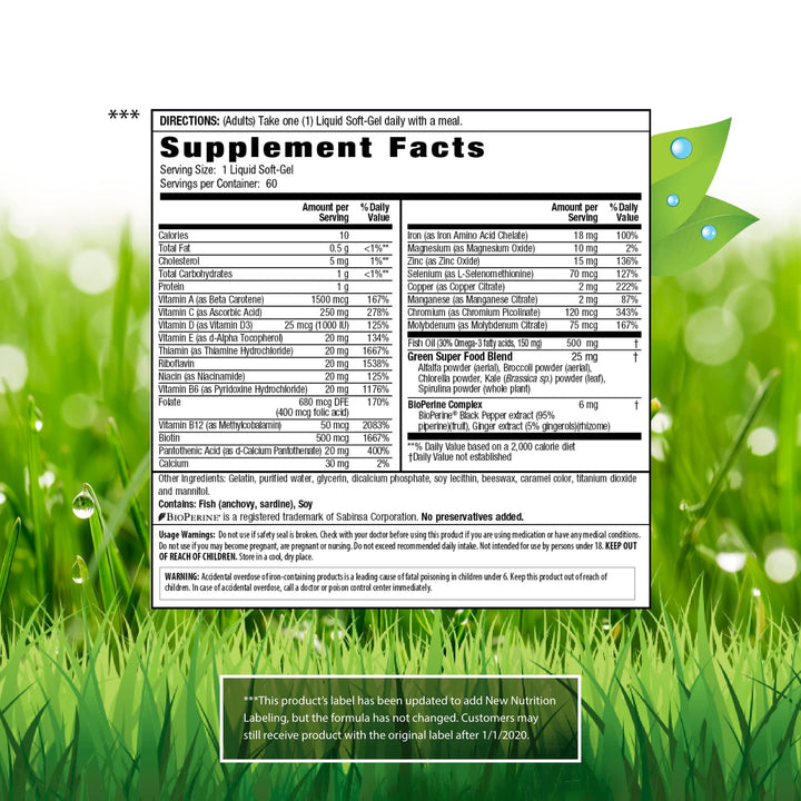 Irwin Naturals Only One Liquid-Gel Multi with Iron - 60 Liquid Softgels - Daily Essential Vitamins, Minerals, Antioxidants, Omega-3s & Green Super Foods