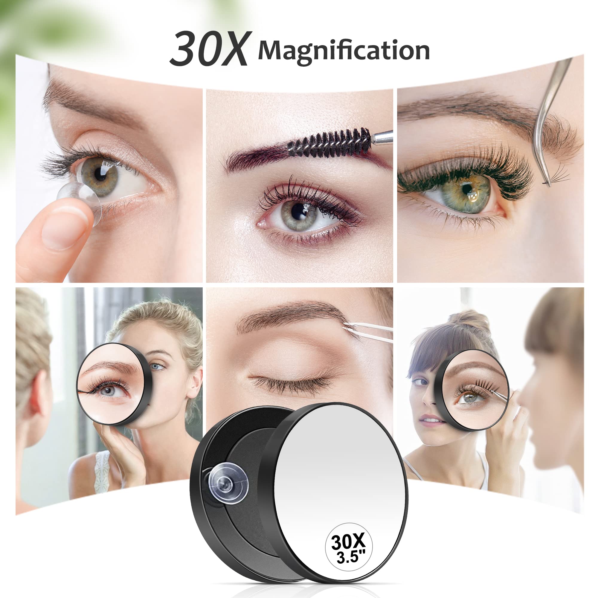 MIYADIVA 30X Magnifying Mirror, Small Magnifying Mirror with Suction Cup and Tweezers, As a Travel Makeup Mirror, Compact Mirror Set for Plucking Eyebrows 3.5 Inches