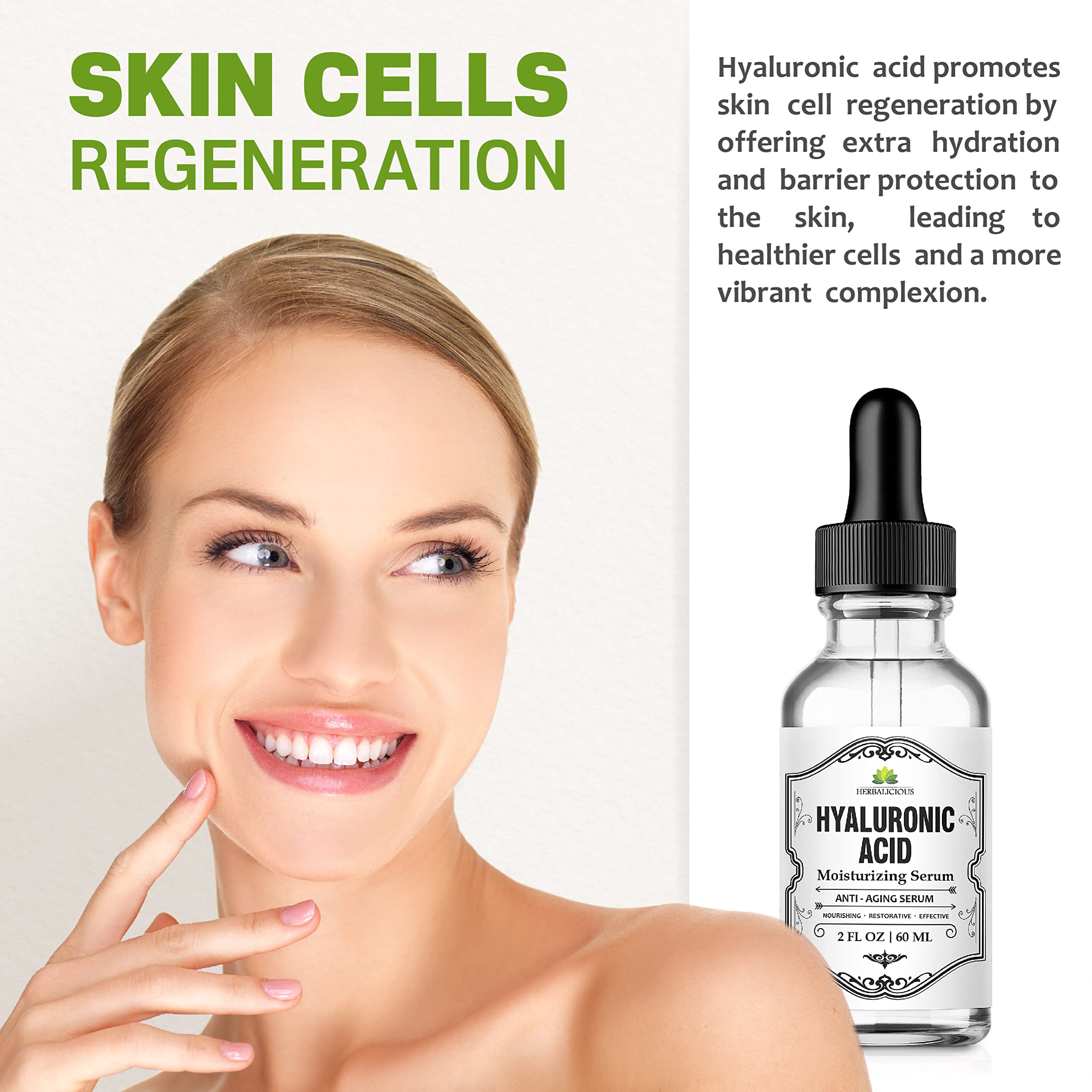 Herbalicious Hyaluronic Acid Serum – Hyaluronic Acid Serum for Face – Paraben-Free Pure Hyaluronic Acid – Moisture Boost Hydrating Serum – Anti-Aging Serum for Fine Lines, Wrinkles – 2oz