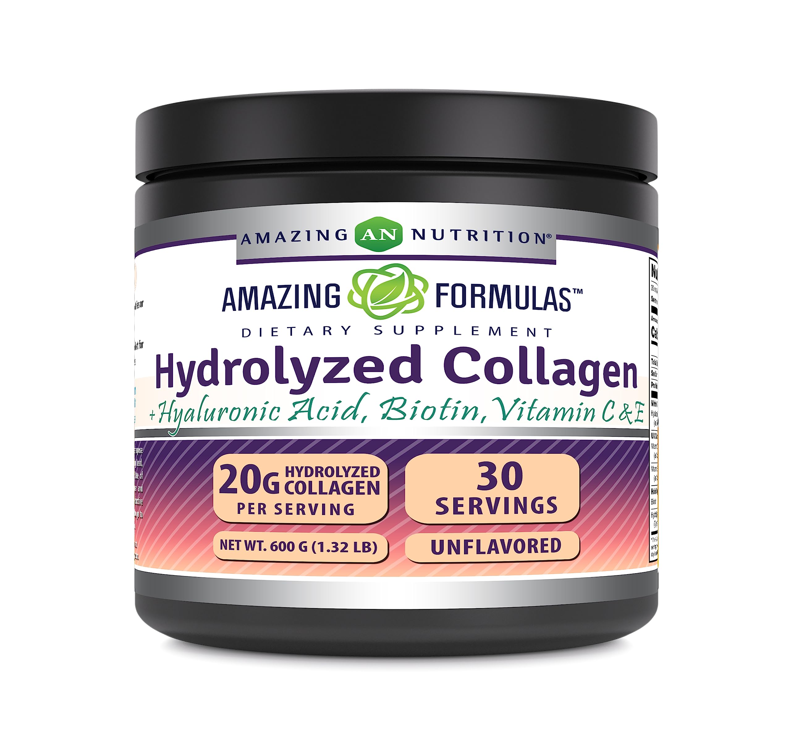 Amazing Formulas Hydrolyzed Bovine Collagen Type I & III Unflavored Powder | 1.32 Lb (600 Grams) | Contains Hyaluronic Acid, Biotin, Vitamin C & E | Non-GMO | Gluten Free