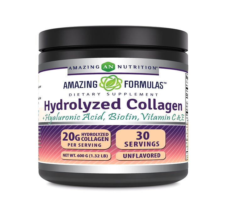 Amazing Formulas Hydrolyzed Bovine Collagen Type I & III Unflavored Powder | 1.32 Lb (600 Grams) | Contains Hyaluronic Acid, Biotin, Vitamin C & E | Non-GMO | Gluten Free