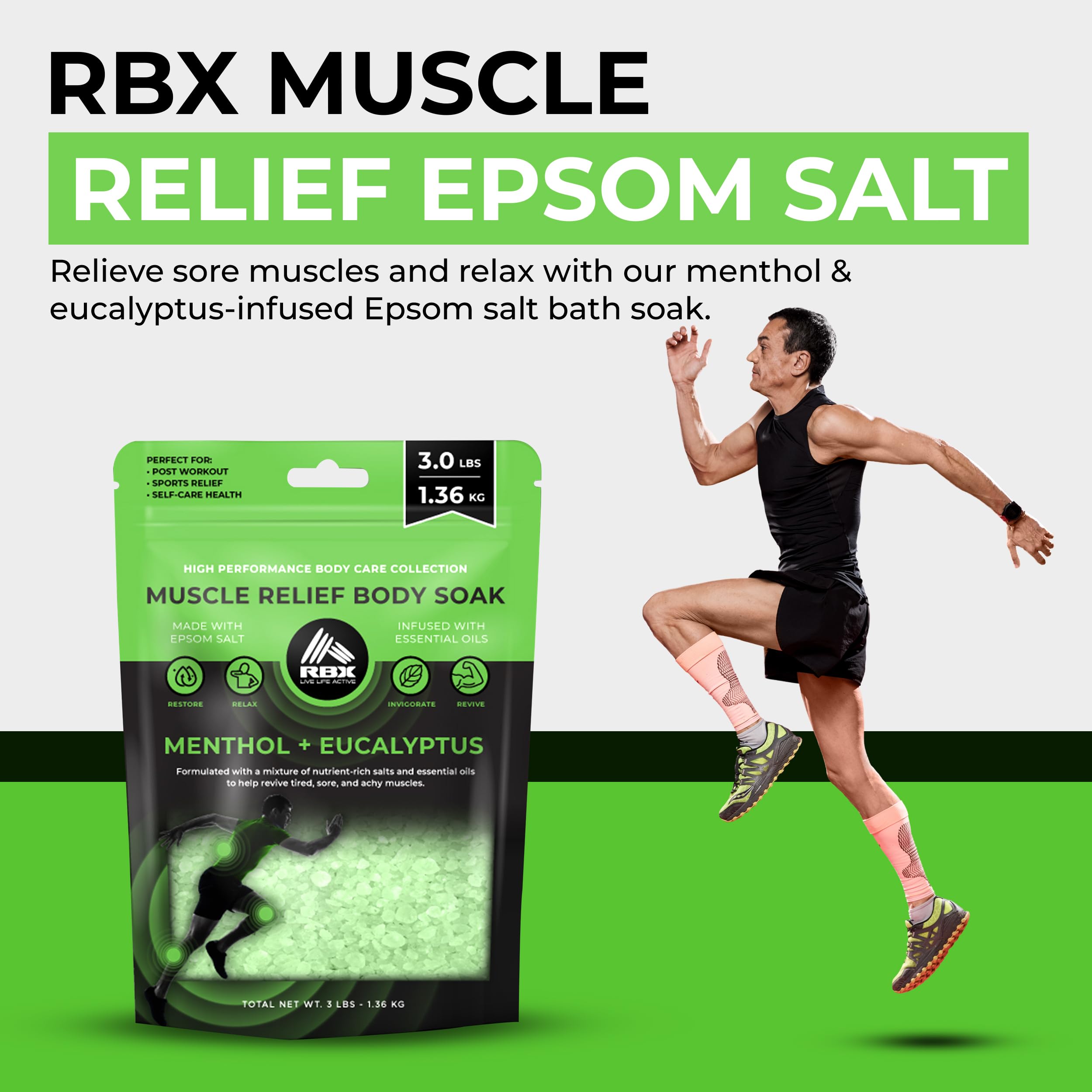 RBX Muscle Relief Epsom Salt – 5 lb Resealable Bath Soak with Menthol & Eucalyptus Essential Oils – Soothing Foot Soak & Body Soak for Muscle Relief & Relaxation – Bath Salts for Post-Workout Recovery
