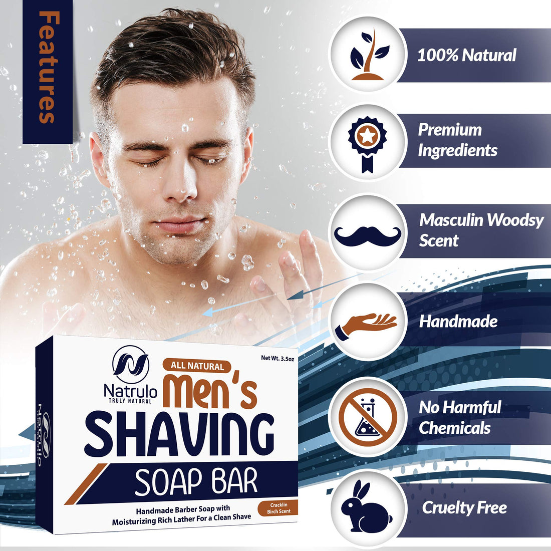 Men's All Natural Shaving Soap Bar - Moisturizing Rich Lather Handmade Barber Soap with Detoxifying Bentonite Clay, Soothing Shea Butter, Exfoliating Colloidal Oats - For Clean Shave, Reduces Redness