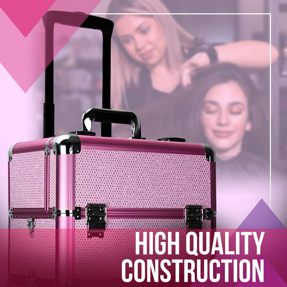 Ver Beauty 360 degreed wheels 2-in- 1 professional artist rolling trolley aluminum cosmetic organizer makeup train case, Pink Krystal