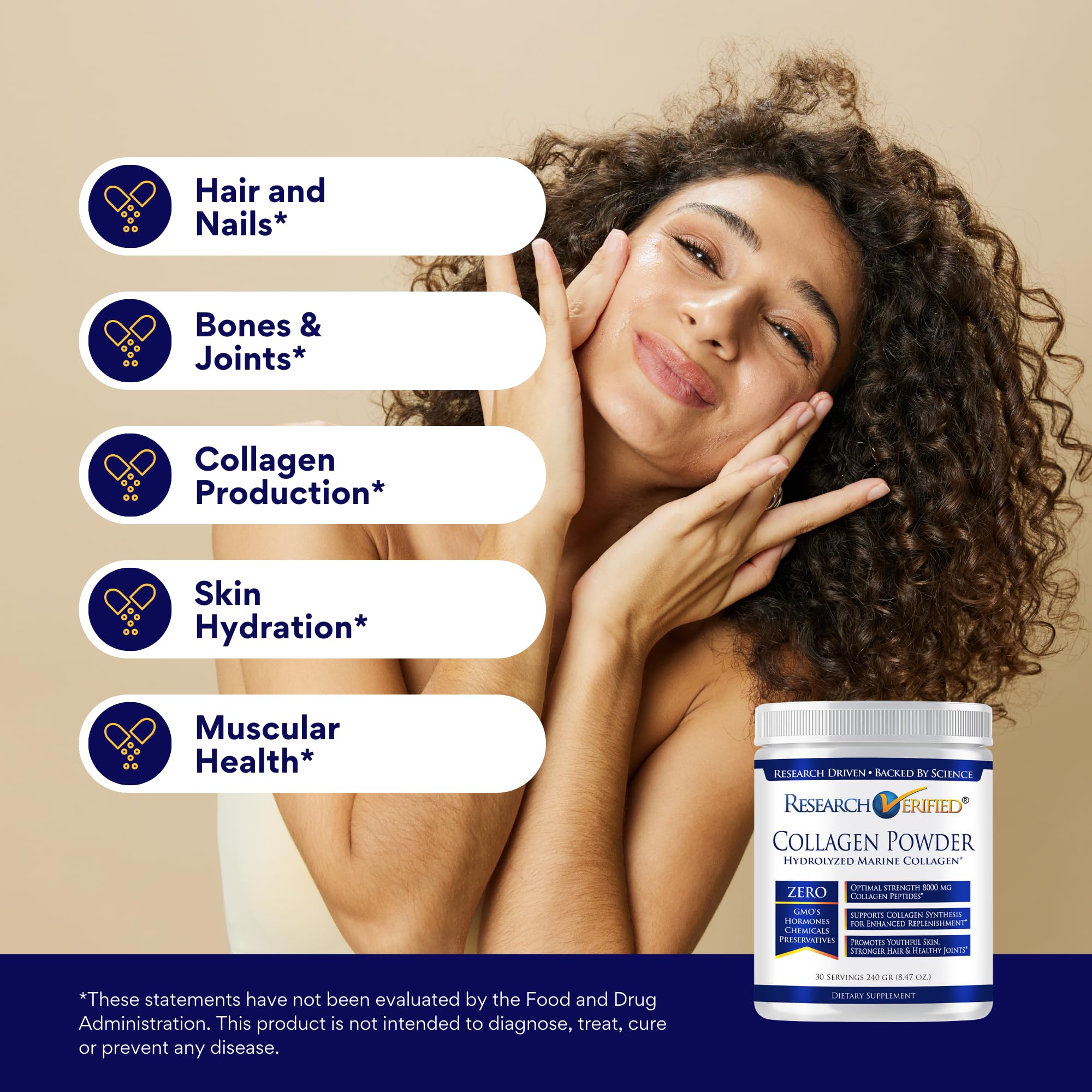 Research Verified® Collagen Powder - Hydrolyzed Marine Collagen - Unflavored - Skin Hydration and Elasticity, Muscle Recovery, Non GMO - 30 Scoops Per Container - 3 Month Supply