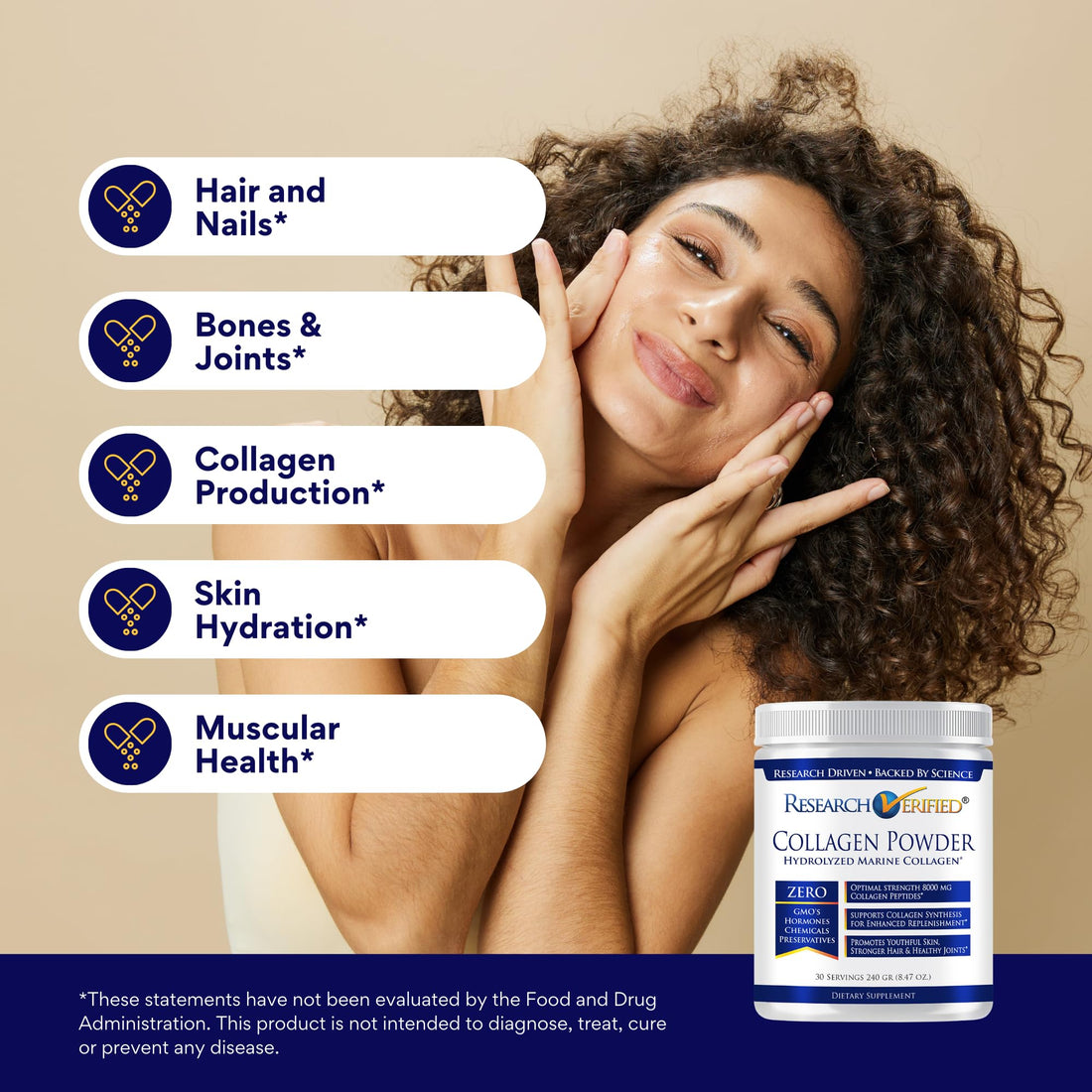 Research Verified® Collagen Powder - Hydrolyzed Marine Collagen - Unflavored - Skin Hydration and Elasticity, Muscle Recovery, Non GMO - 30 Scoops Per Container - 3 Month Supply