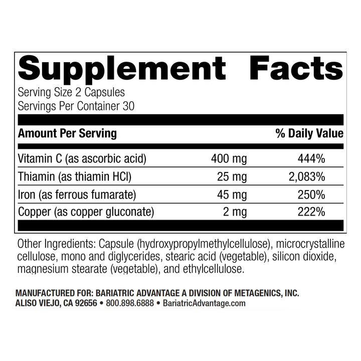 Bariatric Advantage Iron 45 mg with Vitamin C, Thiamin and Copper for Increased Absorption and Utilization, Easily Digestible for Gastric Bypass and Sleeve Gastrectomy Surgery Patients - 60 Count