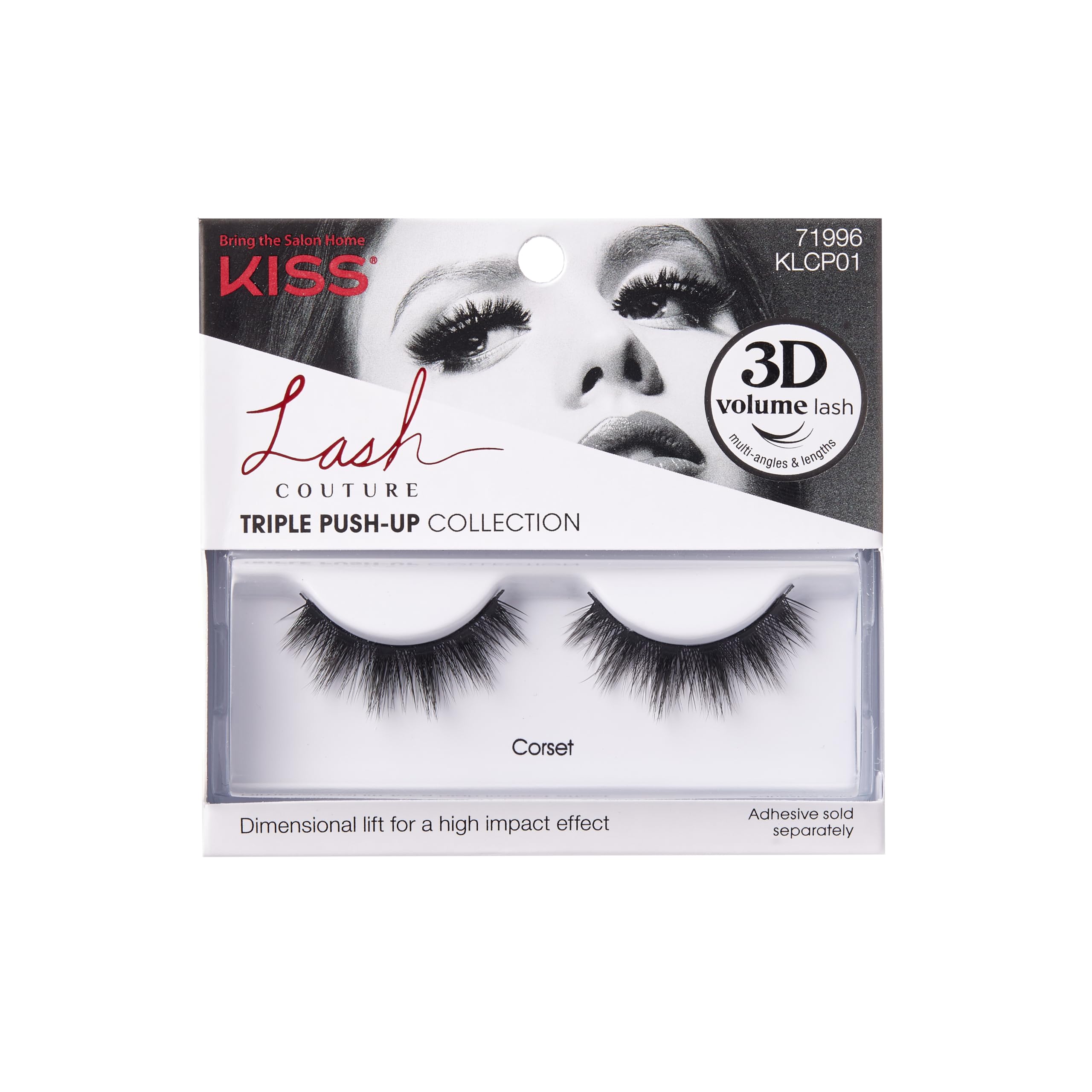 KISS Lash Couture Triple Push Up Collection, 3D Volume False Eyelashes with Triple Design Technology, Multi-Angles & Lengths, Cruelty-Free, Contact Lens Friendly, and Reusable, Style Corset, 1 Pair