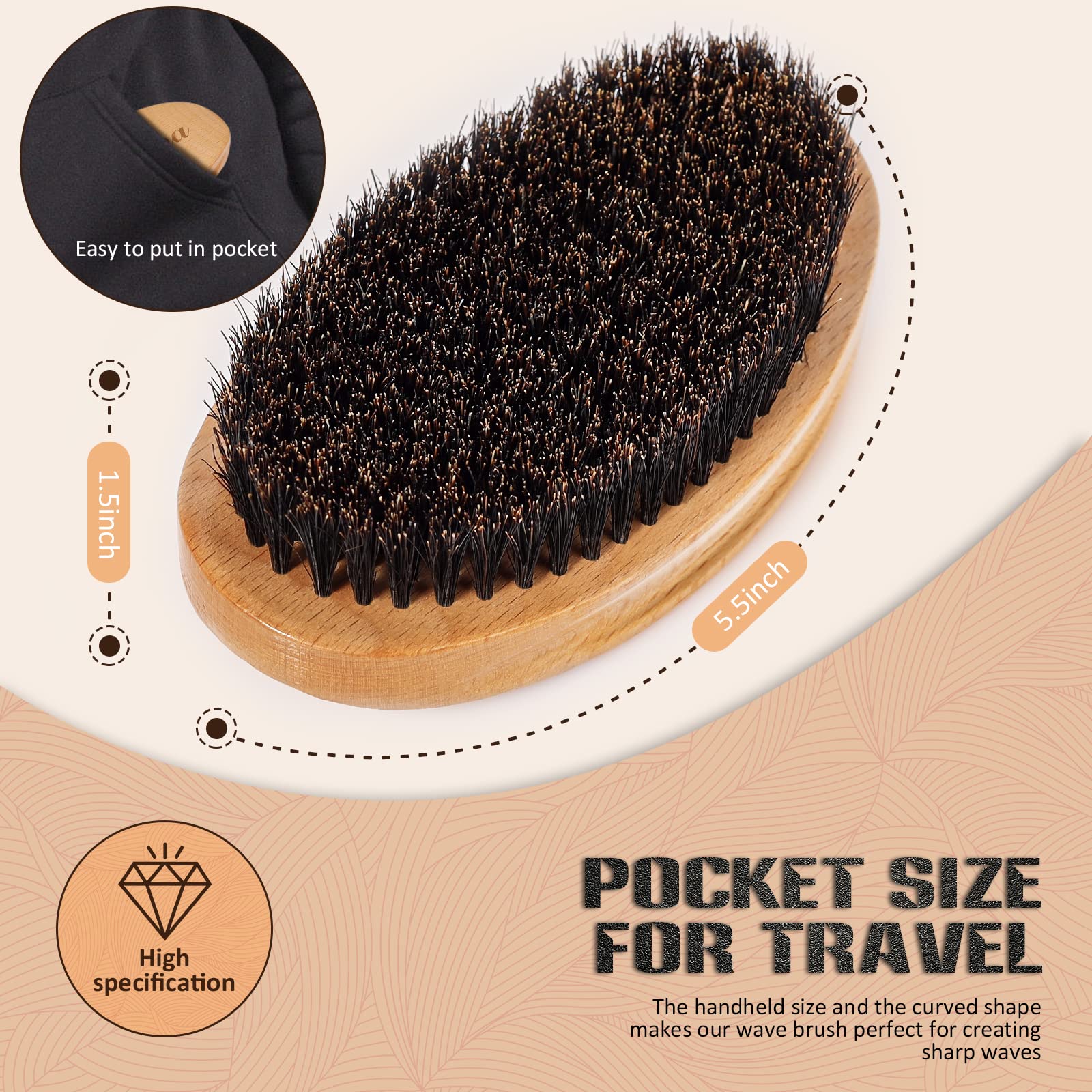 Medium Hard 360 Wave Brush Premium Curved Palm Brush Made with 100% Boar Hair Bristles and Nature Wood Great for 360 Waves and Wolfing