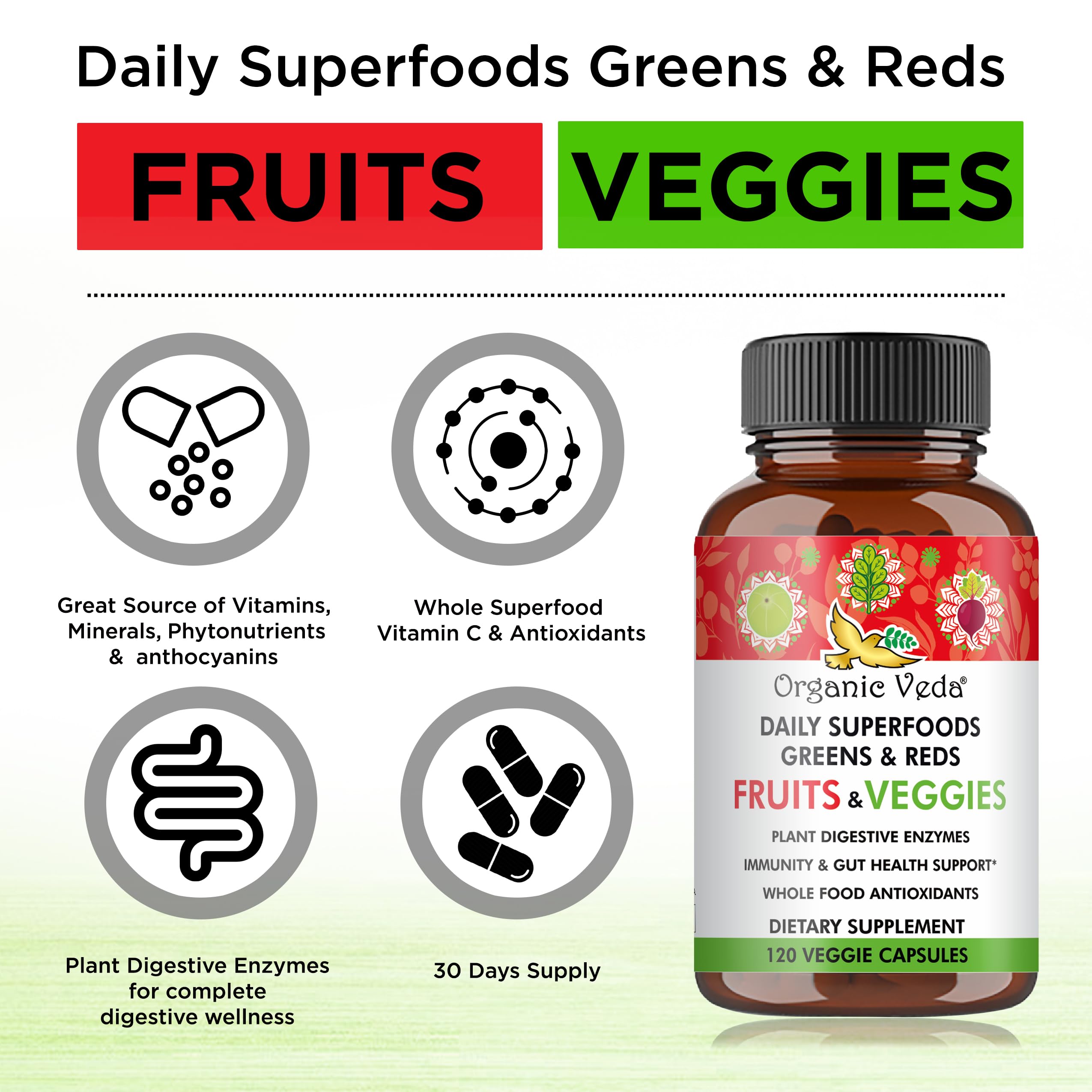 Organic Veda Super Greens Reds Veggies Capsules - 8 in 1 Daily 30 Whole Organic Superfoods Fruits & Vegetables Supplement - Papaya Enzymes, Spirulina, Chlorella, Moringa, Beet, Turmeric - 120 Vegan