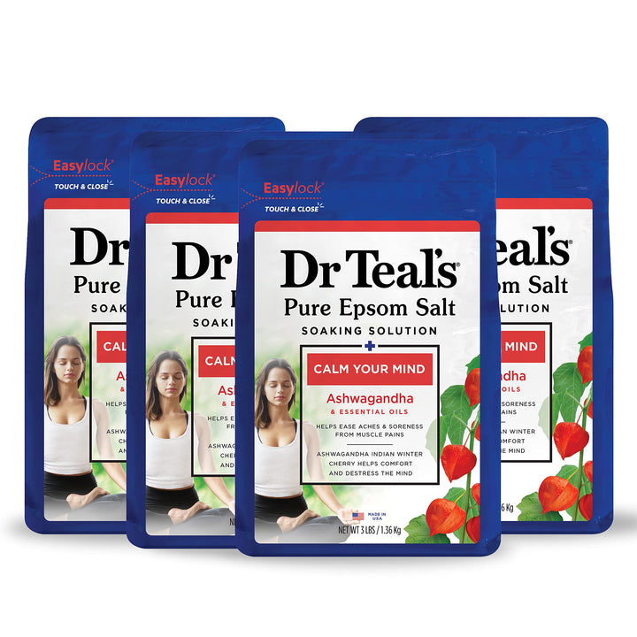 Dr Teal's Epsom Salt Magnesium Soak, Ashwagandha & Essential Oils, 3 lbs (Pack of 4)