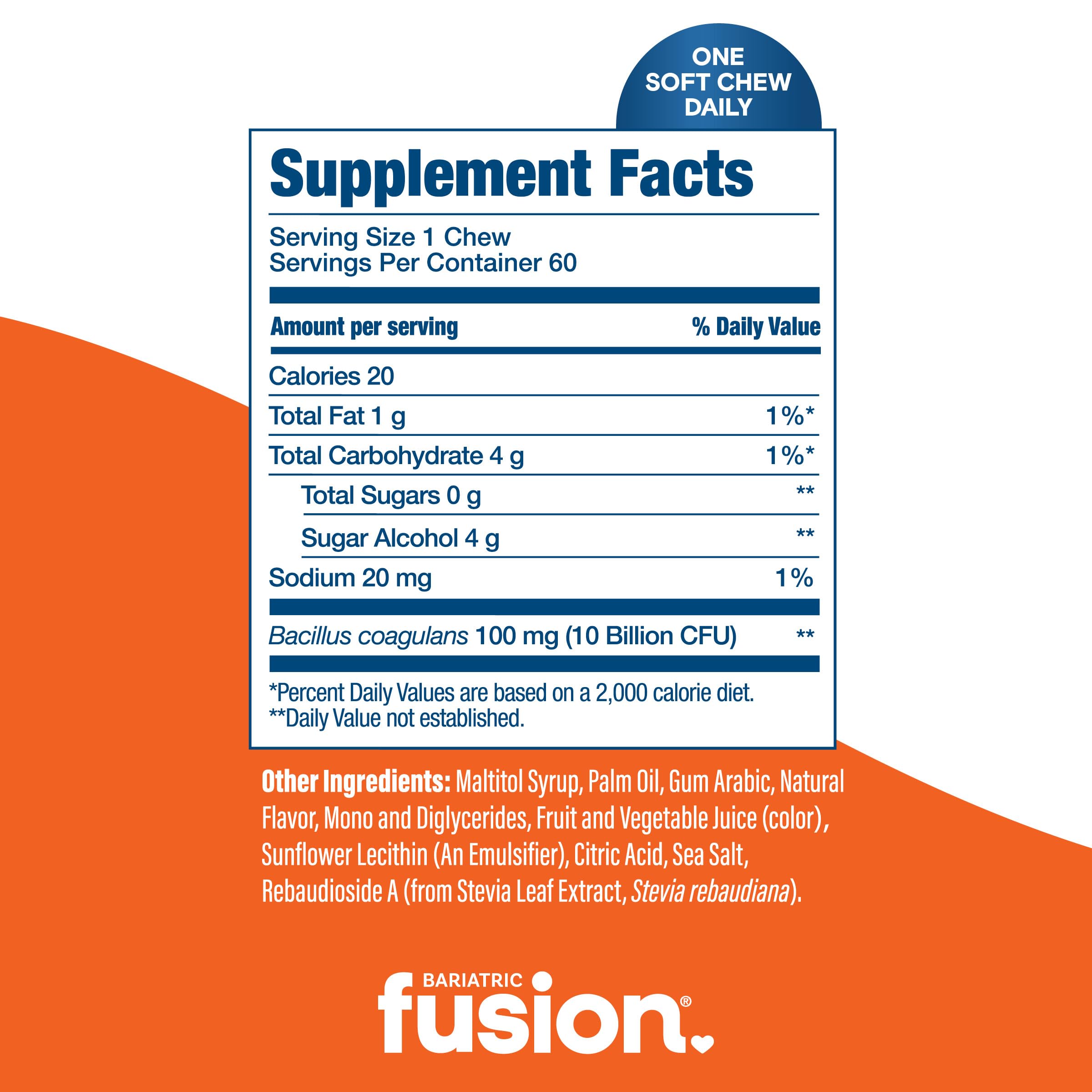 Bariatric Fusion Bariatric Probiotic Soft Chews | Orange Tropical Flavor Chewy Bariatric Vitamin | Bacillus Coagulans 10 Billion CFU Chewable Probiotic | Support Digestive & Immune Health | 60 Count