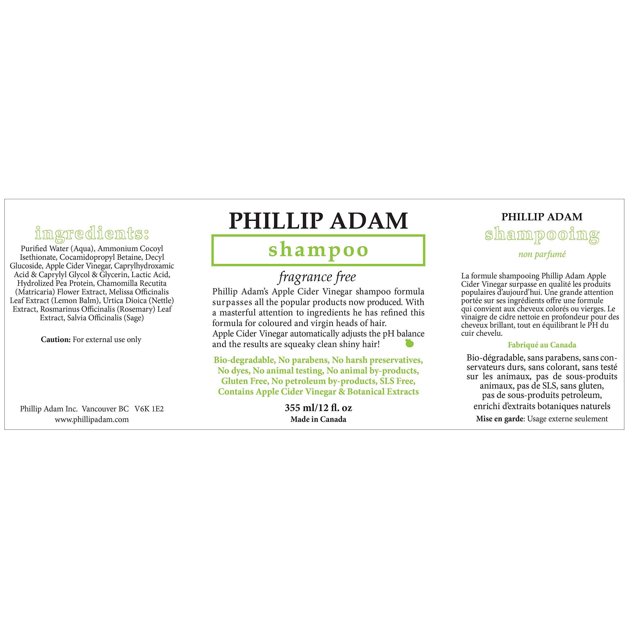 Phillip Adam Fragrance Free Shampoo and Conditioner Set with Apple Cider Vinegar - pH Balancing - Enhance Shine and Smoothness- 12 Ounce Each