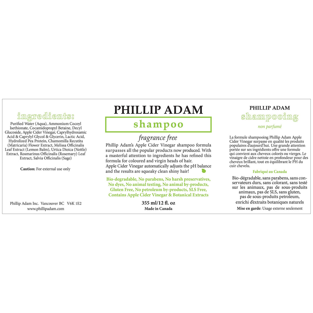 Phillip Adam Fragrance Free Shampoo and Conditioner Set with Apple Cider Vinegar - pH Balancing - Enhance Shine and Smoothness- 12 Ounce Each