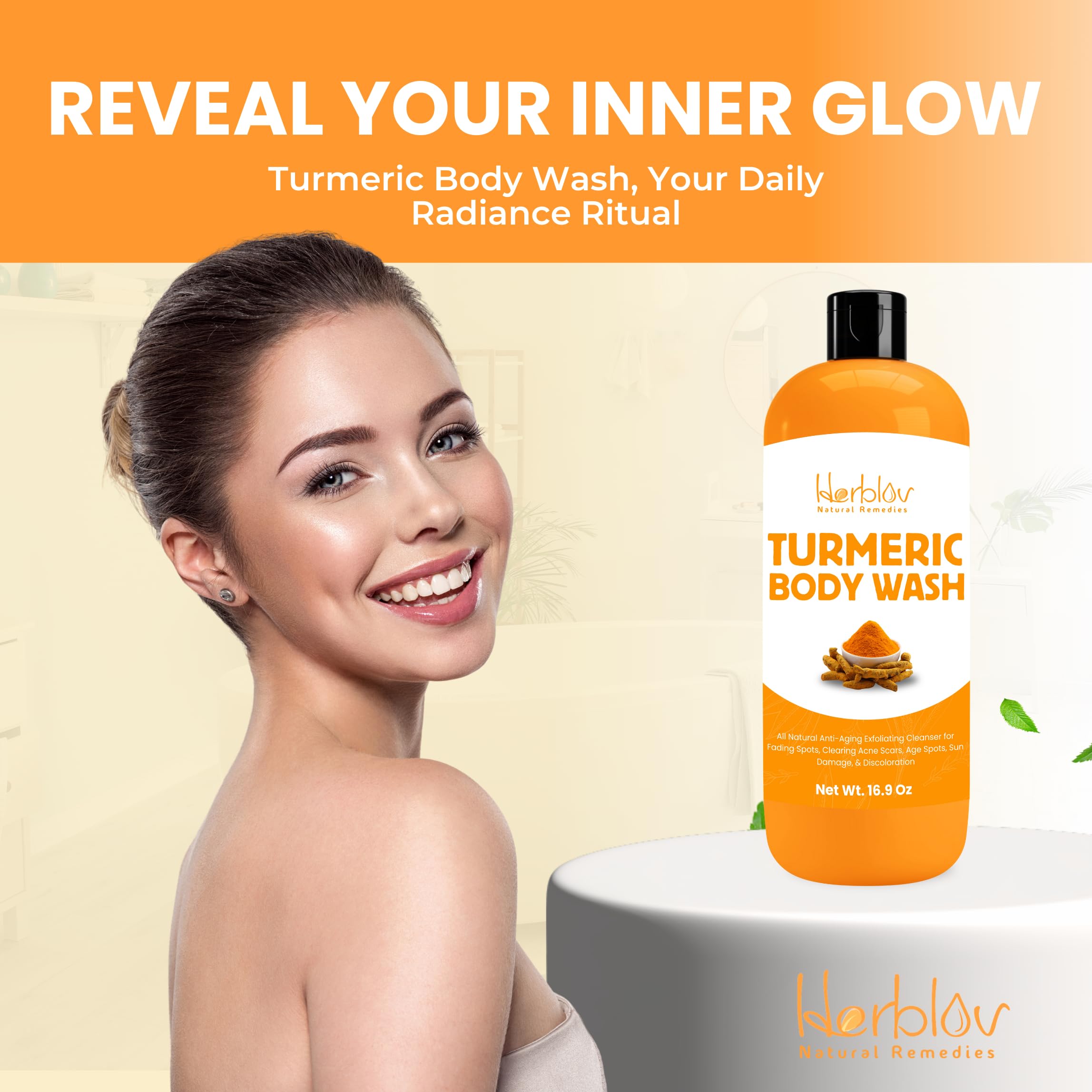 Herblov Turmeric Body Wash – Skin Brightening Liquid Soap for Discoloration – Natural Anti Aging Exfoliating Turmeric Body Wash for Spots, Acne, Sun Damage – Bath Soap Skincare