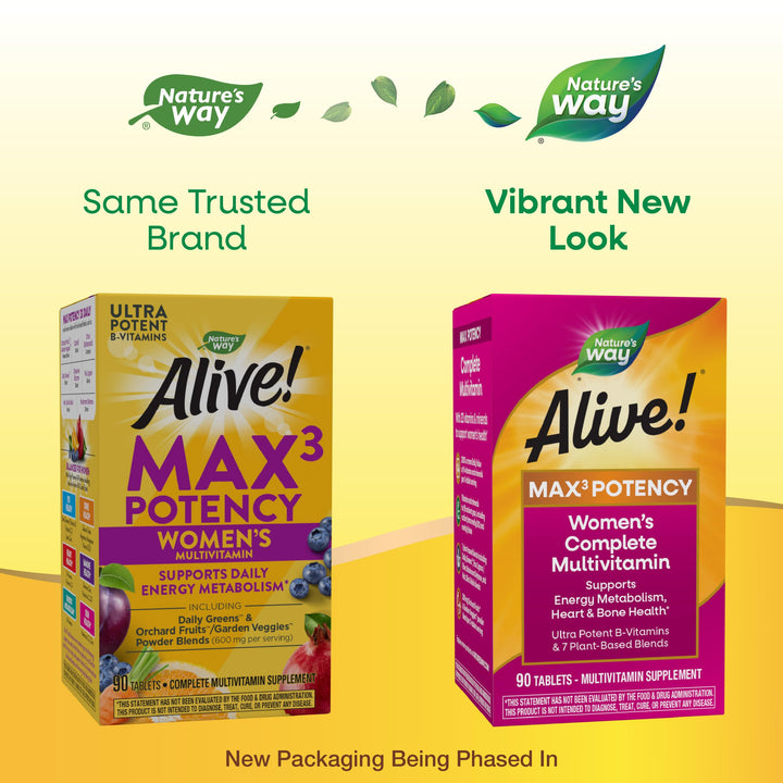 Nature's Way Alive! Max3 Potency Women's Complete Multivitamin, Supports Energy Metabolism, Heart & Bone Health*, with B-Vitamins Including Methylated B12 and Folate, 90 Tablets (Packaging May Vary)
