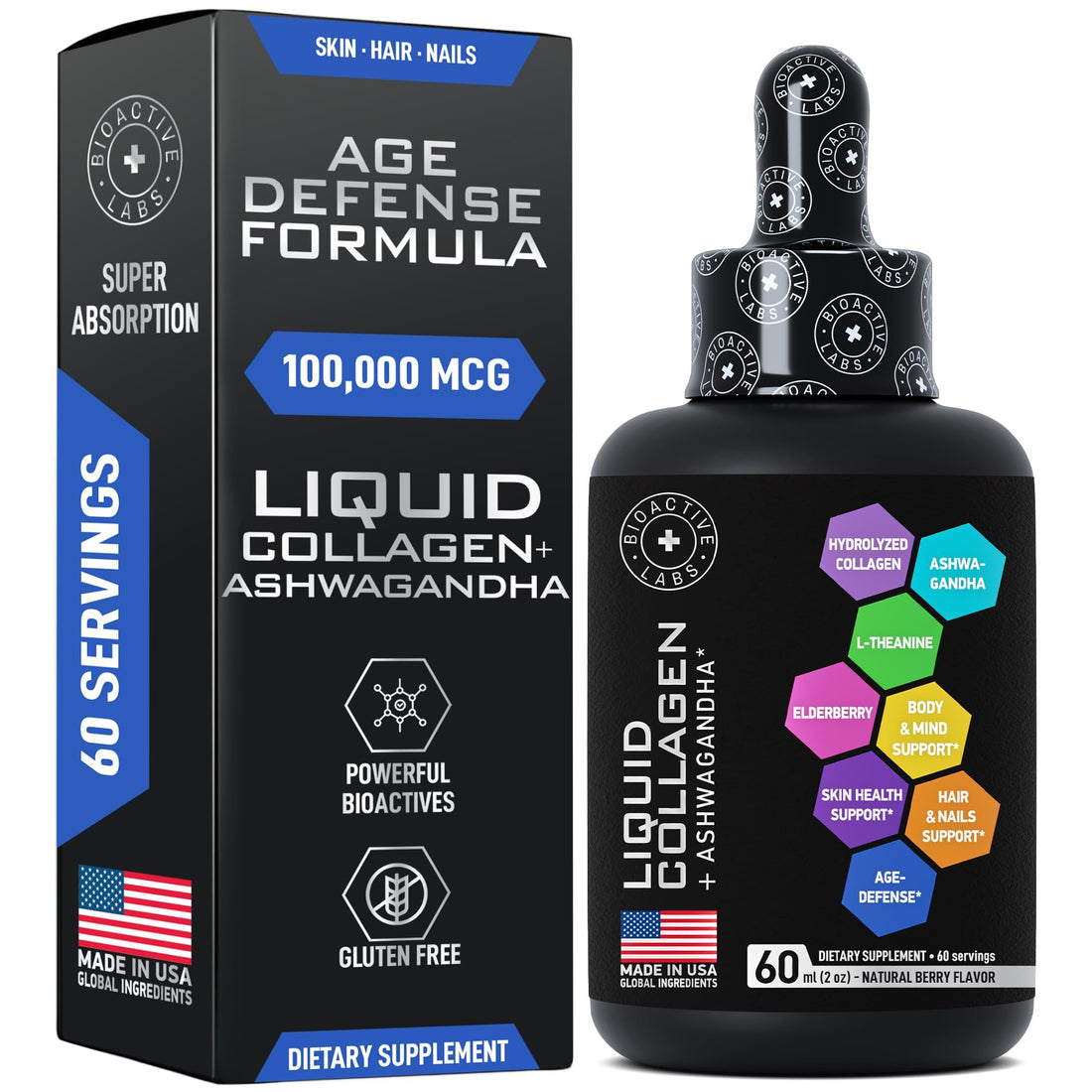 BIOACTIVE LABS Liquid Collagen for Women and Men with Calming Ashwagandha - 100,000mcg Bovine Collagen, 100mg Ashwagandha Liquid for Radiant Skin, Hair, Nails, and Immune Support - 2oz Drops