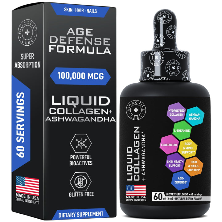 BIOACTIVE LABS Liquid Collagen for Women and Men with Calming Ashwagandha - 100,000mcg Bovine Collagen, 100mg Ashwagandha Liquid for Radiant Skin, Hair, Nails, and Immune Support - 2oz Drops