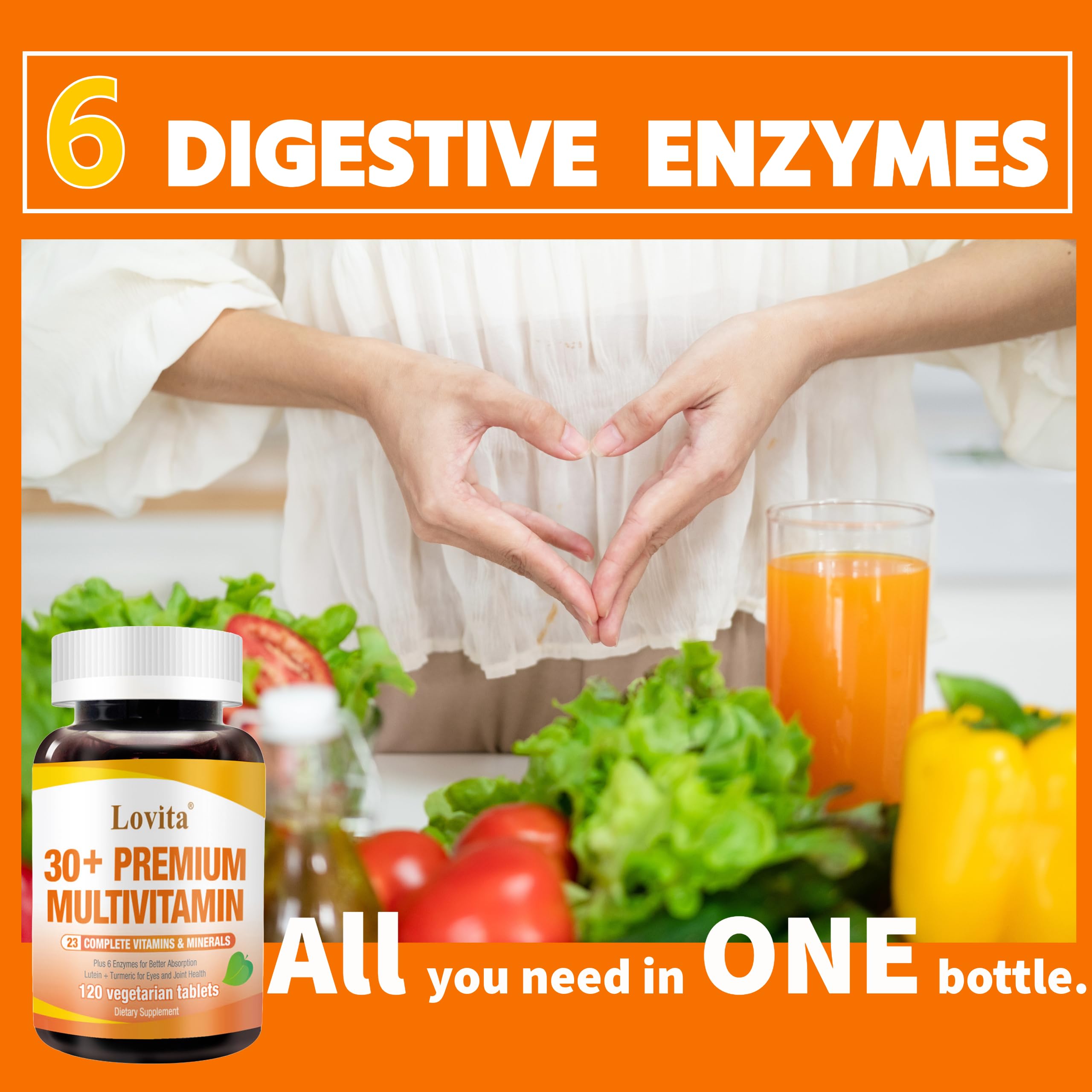 Lovita Premium Multivitamin for Adults 30+ with Enzymes, Turmeric & Comprehensive Nutrient Support - 120 Vegetarian Tablets