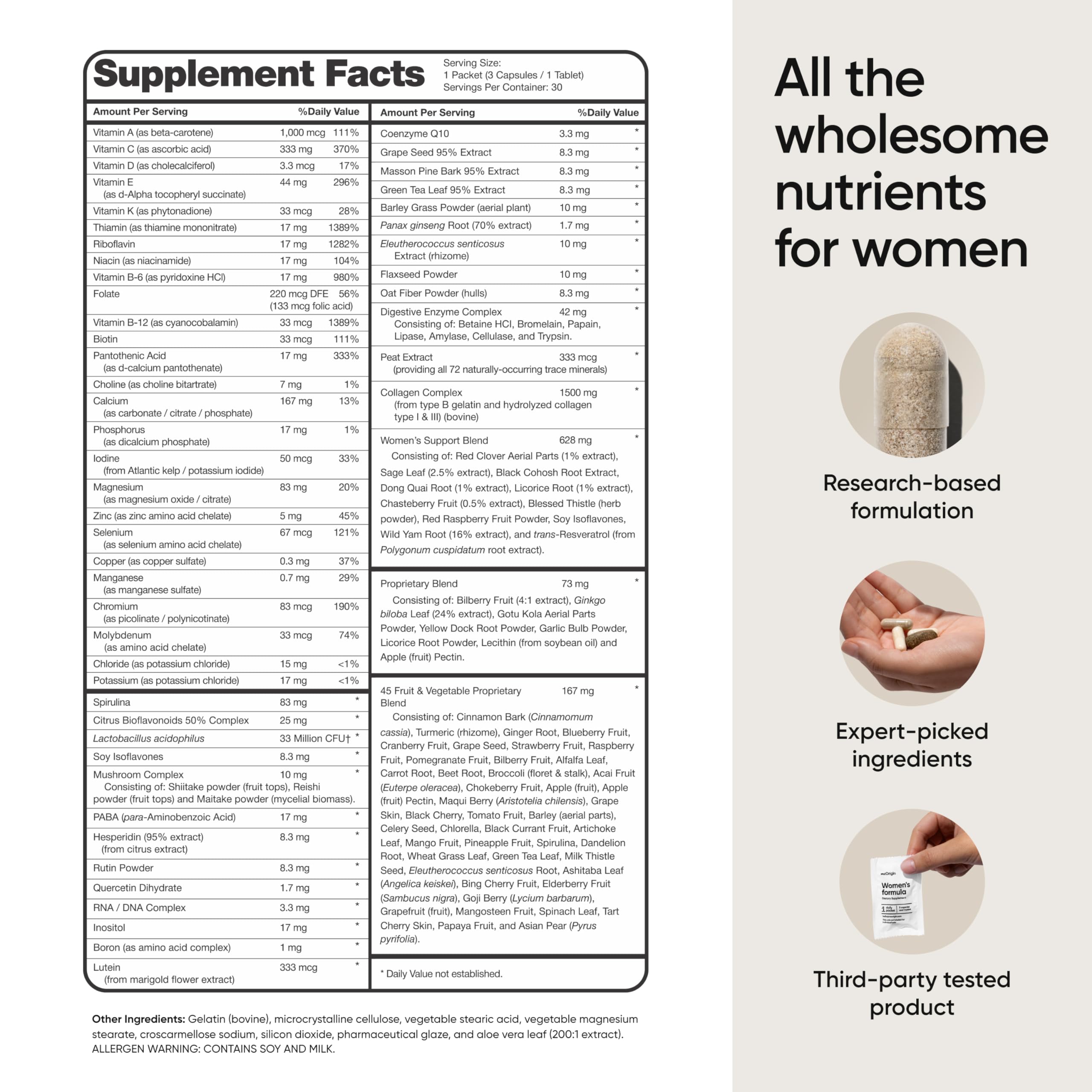 meOrigin Multivitamin for Women, All-in-One Supplement Complex with Vitamin B12, A, C, Biotin, D, E, Folate, Collagen – 106 Nutrients for Overall Women's Health, Hair & Skin, Energy, 30 Day Supply