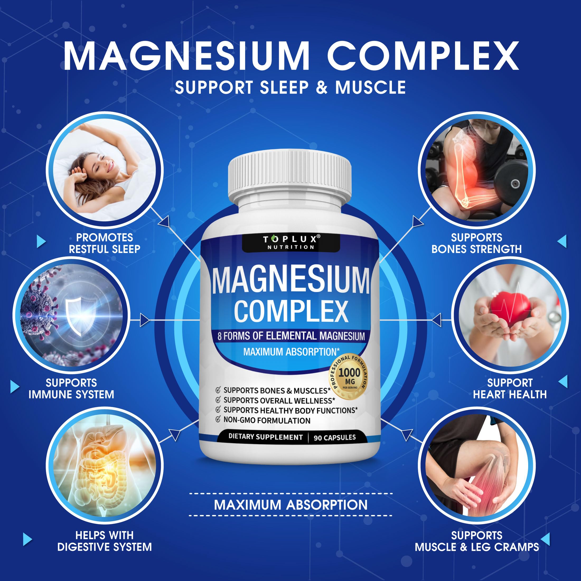 Magnesium Complex Supplement 8 Elemental Magnesium 1000mg - Magnesium Glycinate, Citrate, Malate, Taurate, Chelated for Easy Absorption for Bones, Muscle, Recovery, Energy, Vegan Non-GMO 90 Capsules