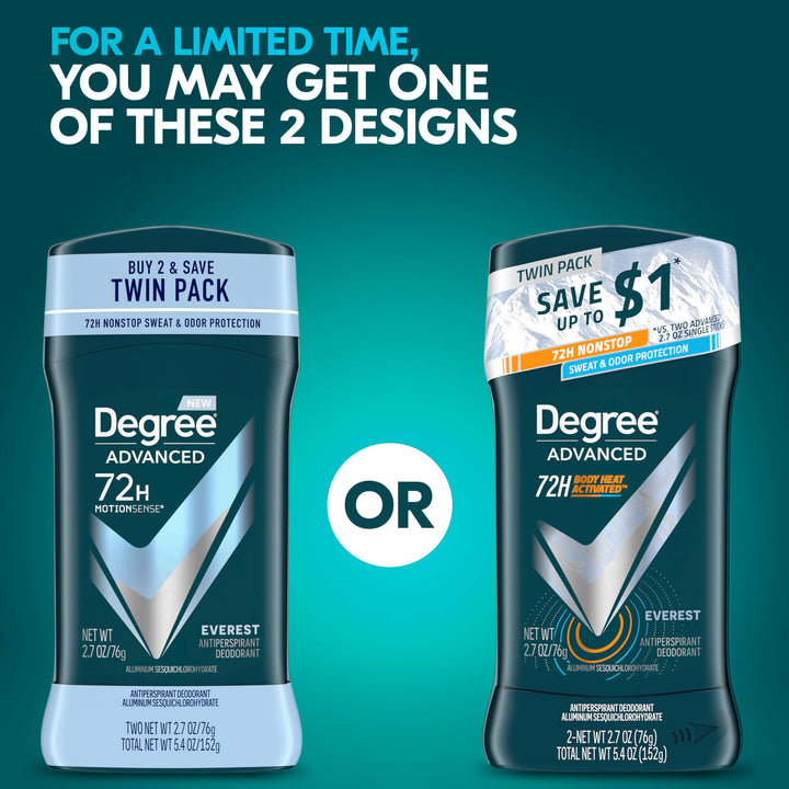 Degree Men Advanced Antiperspirant Deodorant Everest 2 Count 72-Hour Sweat and Odor Protection Antiperspirant For Men With Body Heat Activated Technology 2.7 oz