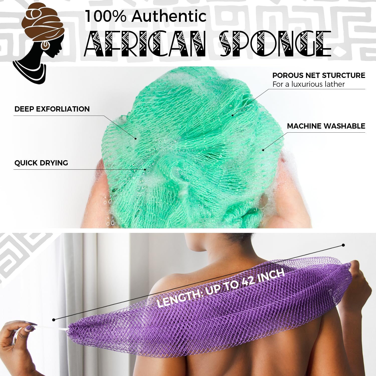 African Net Sponge Authentic - 2 Pieces Real African Exfoliating Loofah Sponge with Knots - African Net Wash Cloths for Body Scrubber Exfoliator Seawave & Lilac - Back Scrub for Shower Bath