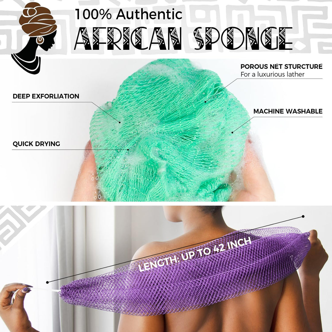 African Net Sponge Authentic - 2 Pieces Real African Exfoliating Loofah Sponge with Knots - African Net Wash Cloths for Body Scrubber Exfoliator Seawave & Lilac - Back Scrub for Shower Bath