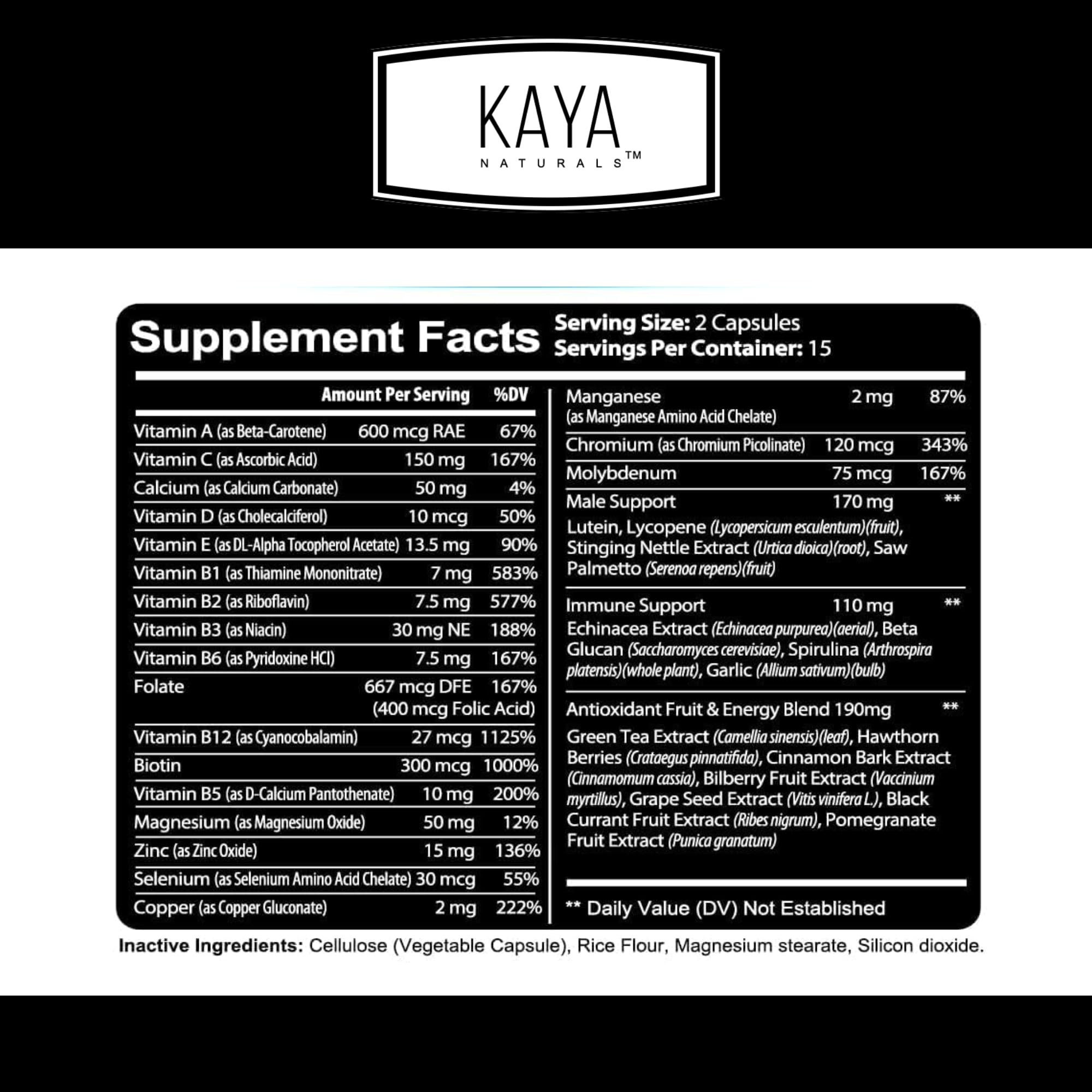 Kaya Naturals Multivitamin for Men - Men's Prostate Multivitamin - Multi Mineral Daily Supplement - Pills for Men - Supports Healthy Prostate - Vitaminas para Hombres - 30 Veggie Capsules