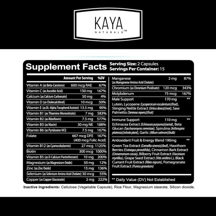 Kaya Naturals Multivitamin for Men - Men's Prostate Multivitamin - Multi Mineral Daily Supplement - Pills for Men - Supports Healthy Prostate - Vitaminas para Hombres - 30 Veggie Capsules