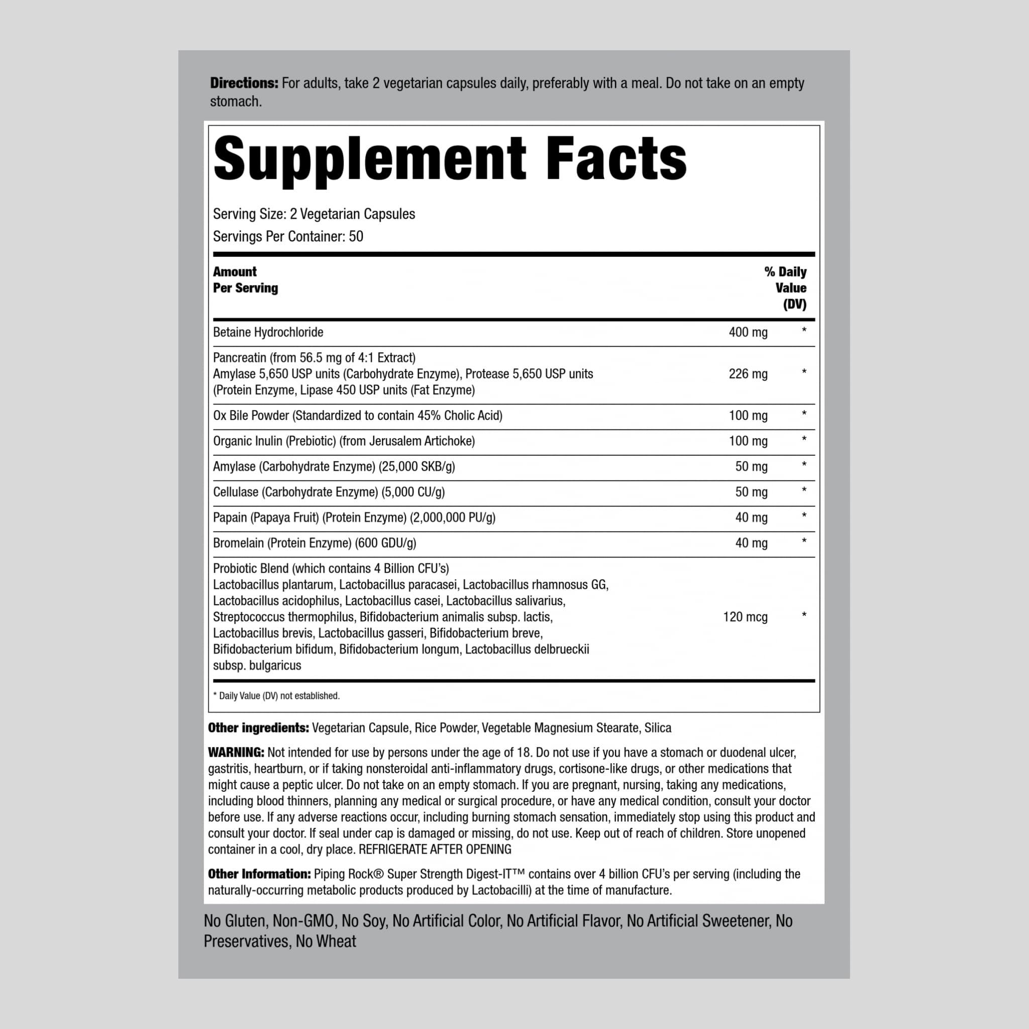 Piping Rock Digestive Enzymes with Probiotics and Prebiotics | 100 Capsules | Multi Supplement for Men & Women | 4 Billion CFU | Extra Strength Pills | Non-GMO, Gluten Free