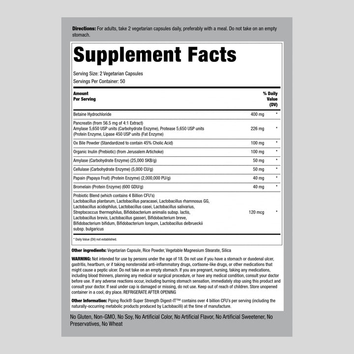Piping Rock Digestive Enzymes with Probiotics and Prebiotics | 100 Capsules | Multi Supplement for Men & Women | 4 Billion CFU | Extra Strength Pills | Non-GMO, Gluten Free