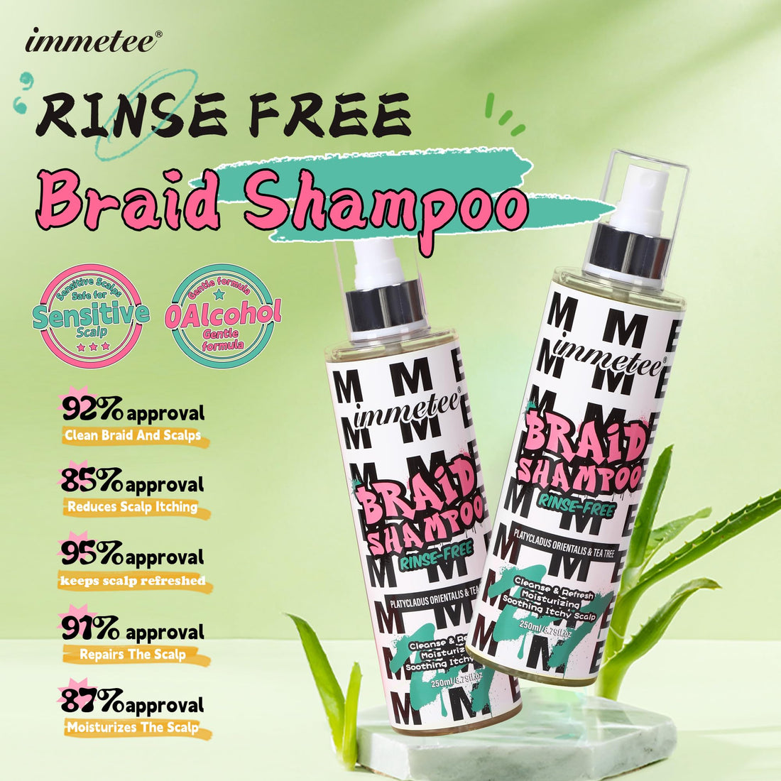 immetee No Rinse Shampoo for Braids & Dreadlock,with Aloe Vera,Olive Oil & Tea Tree Oil,Moisturizing Rinse Free Braid Shampoo Spray Eliminates Odor & Itch 250ml/8.79oz